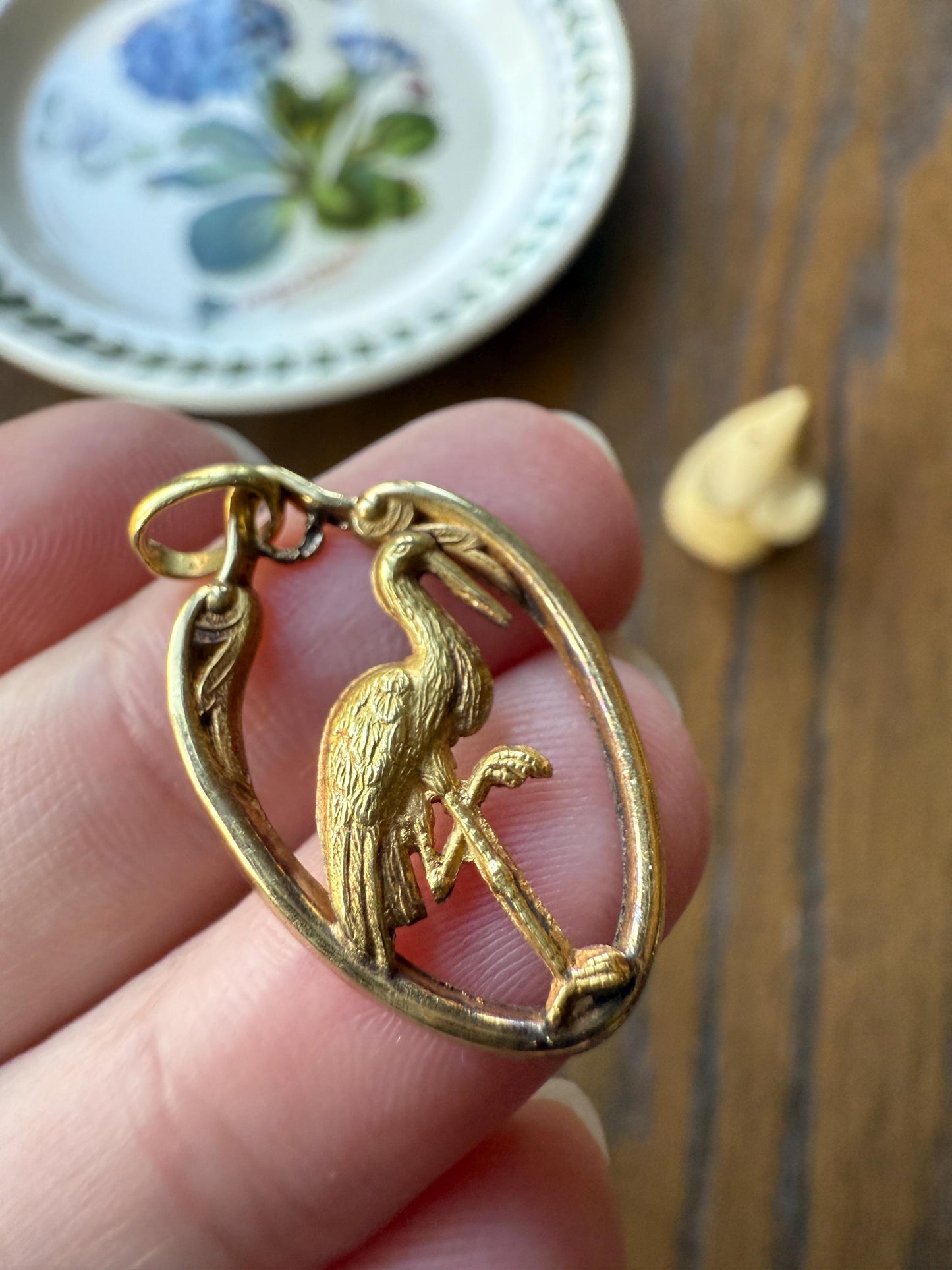Stork of Alsace Souvenir French Antique 18k Gold Solid Charm Pendant Victorian Belle Epoque Art Nouveau Country