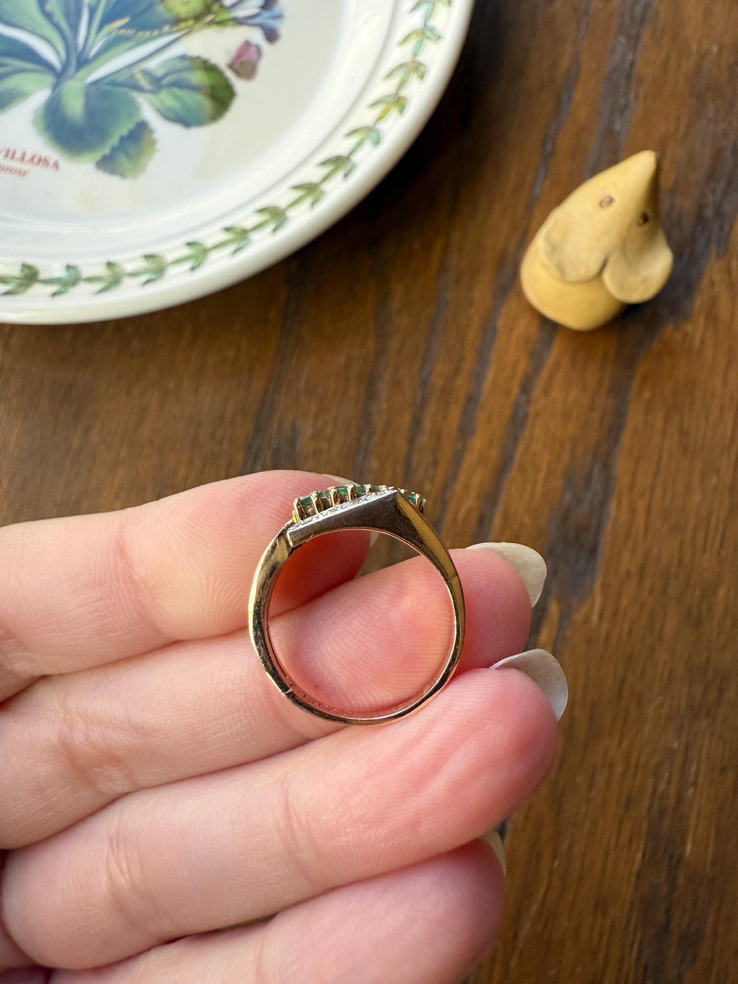 EMERALD & Single Cut DIAMOND Asymmetrical Ring Art Deco Vintage to Antique Natural Green 14k Gold Solid Stacker Band Double Row Angled