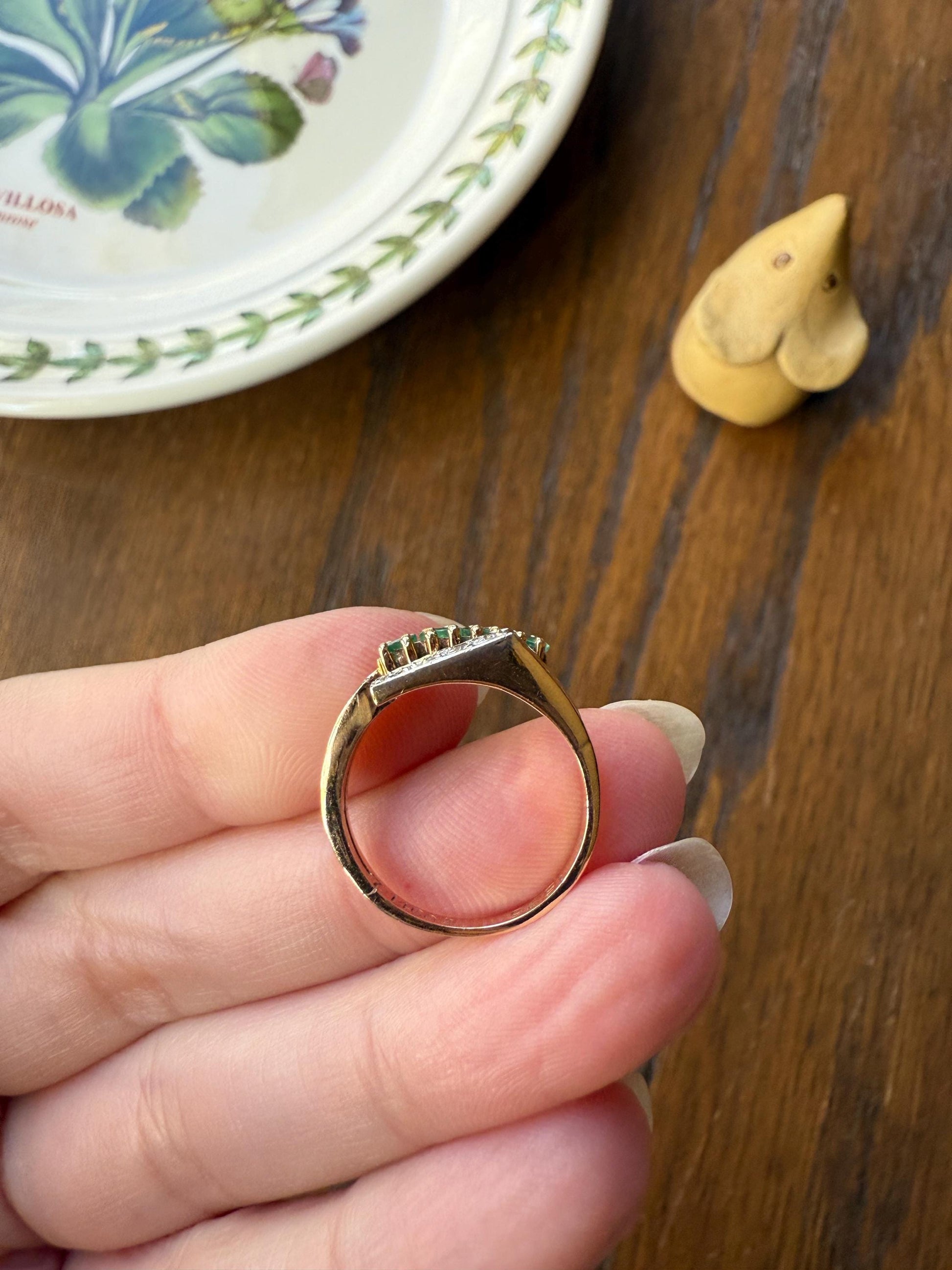 EMERALD & Single Cut DIAMOND Asymmetrical Ring Art Deco Vintage to Antique Natural Green 14k Gold Solid Stacker Band Double Row Angled