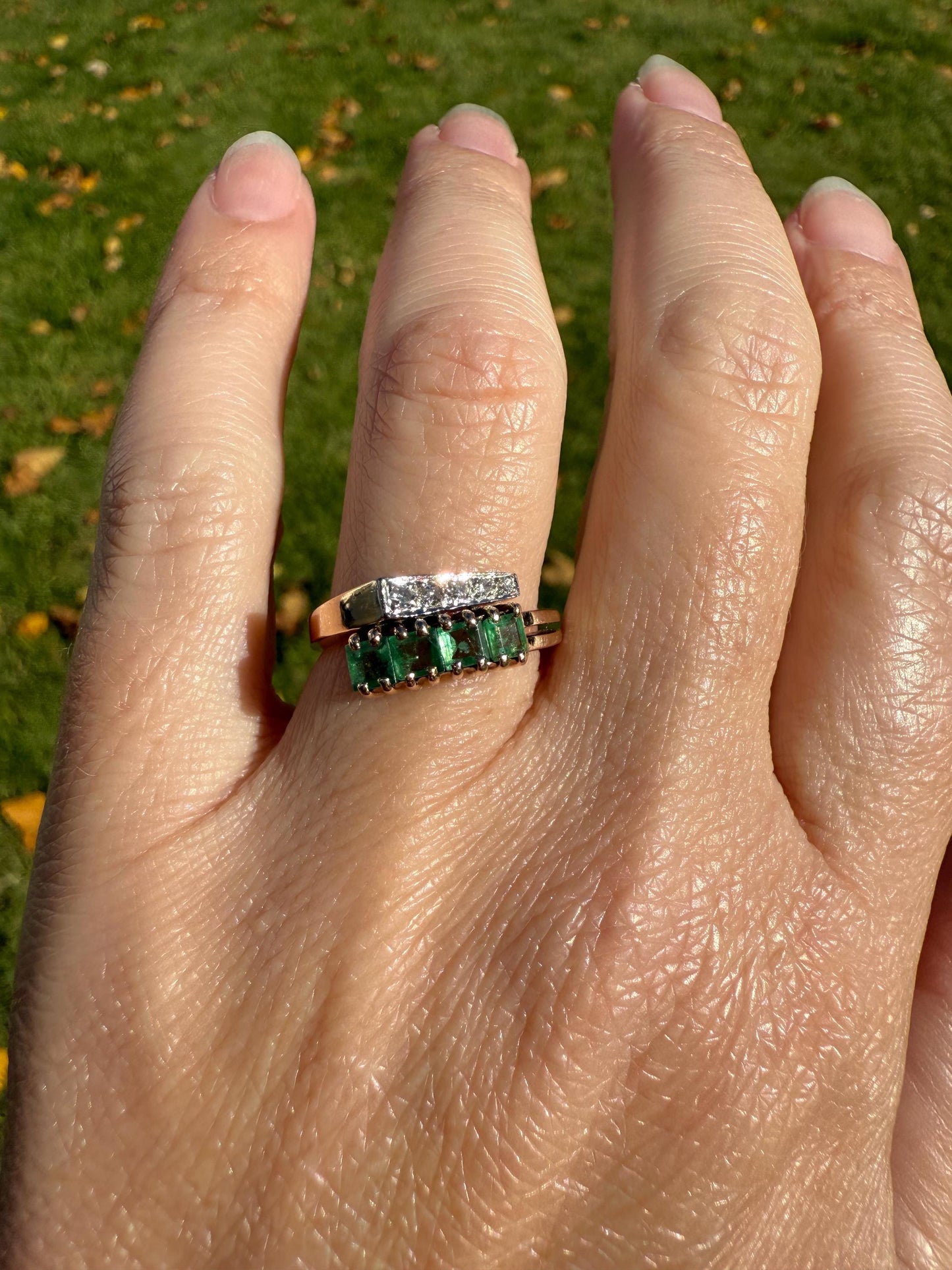 EMERALD & Single Cut DIAMOND Asymmetrical Ring Art Deco Vintage to Antique Natural Green 14k Gold Solid Stacker Band Double Row Angled