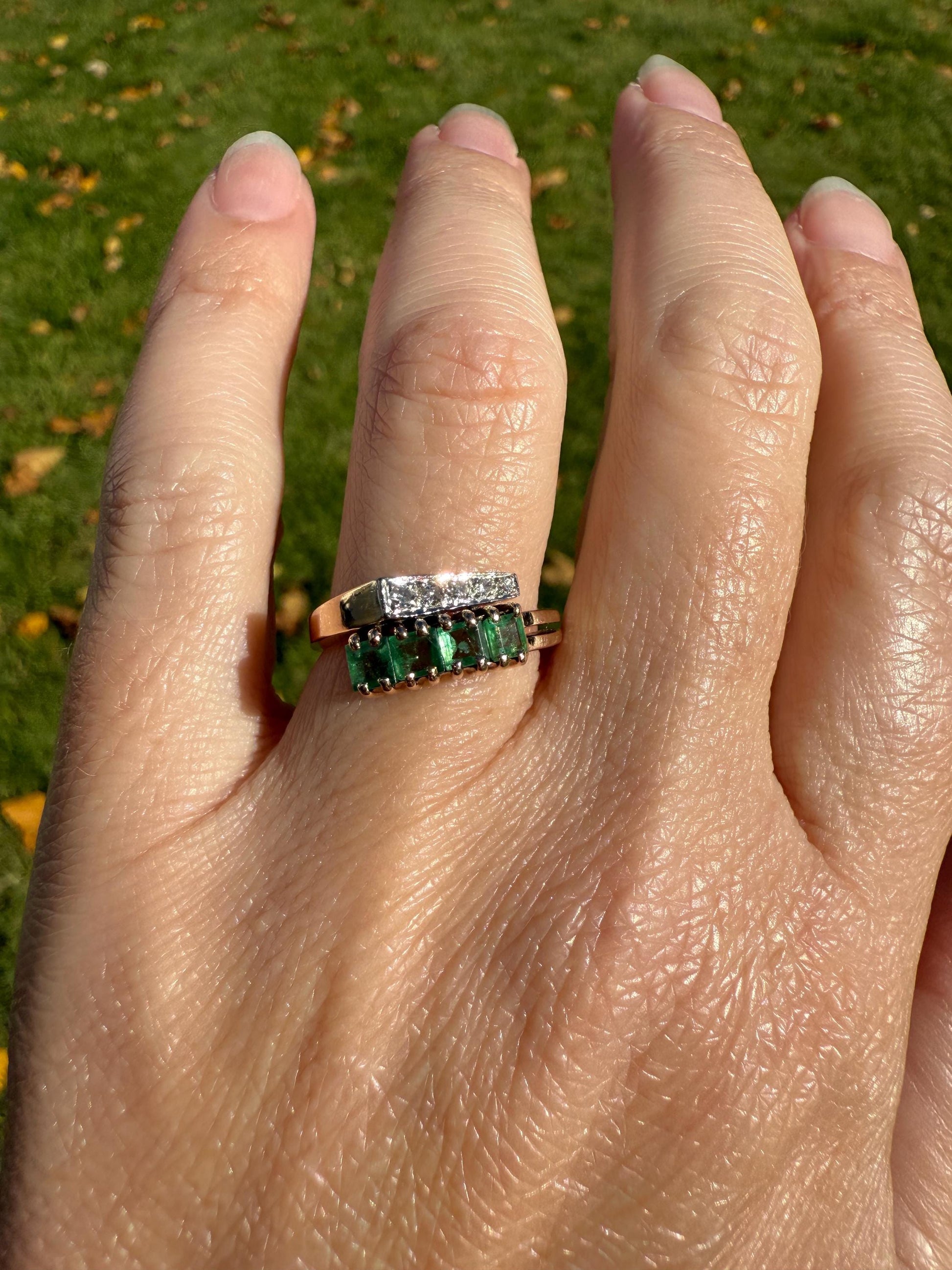 EMERALD & Single Cut DIAMOND Asymmetrical Ring Art Deco Vintage to Antique Natural Green 14k Gold Solid Stacker Band Double Row Angled