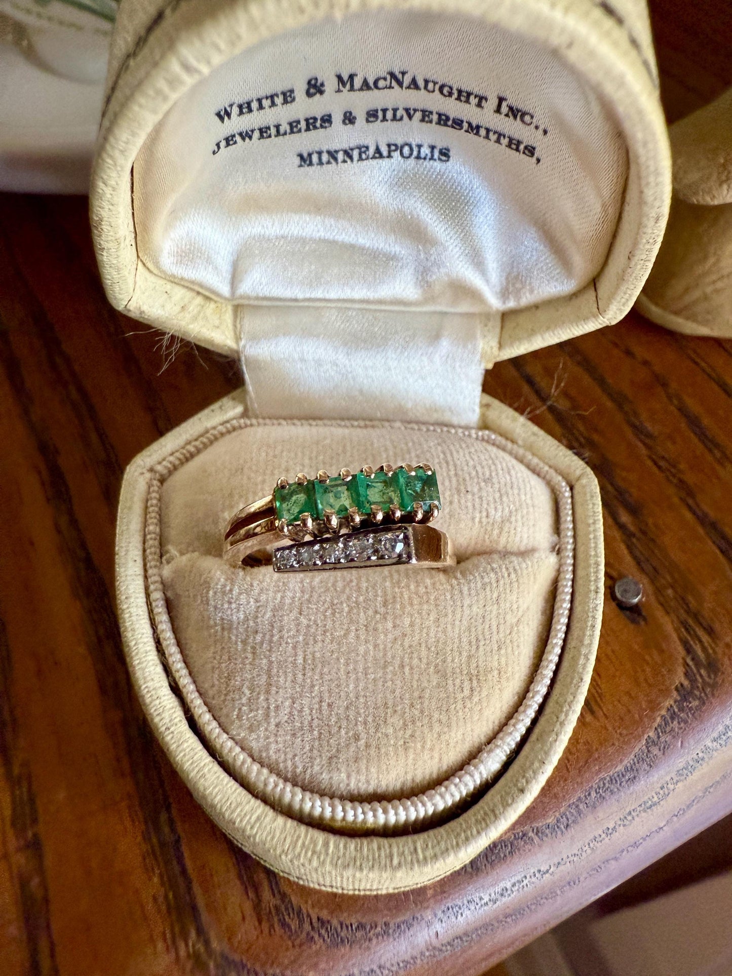 EMERALD & Single Cut DIAMOND Asymmetrical Ring Art Deco Vintage to Antique Natural Green 14k Gold Solid Stacker Band Double Row Angled