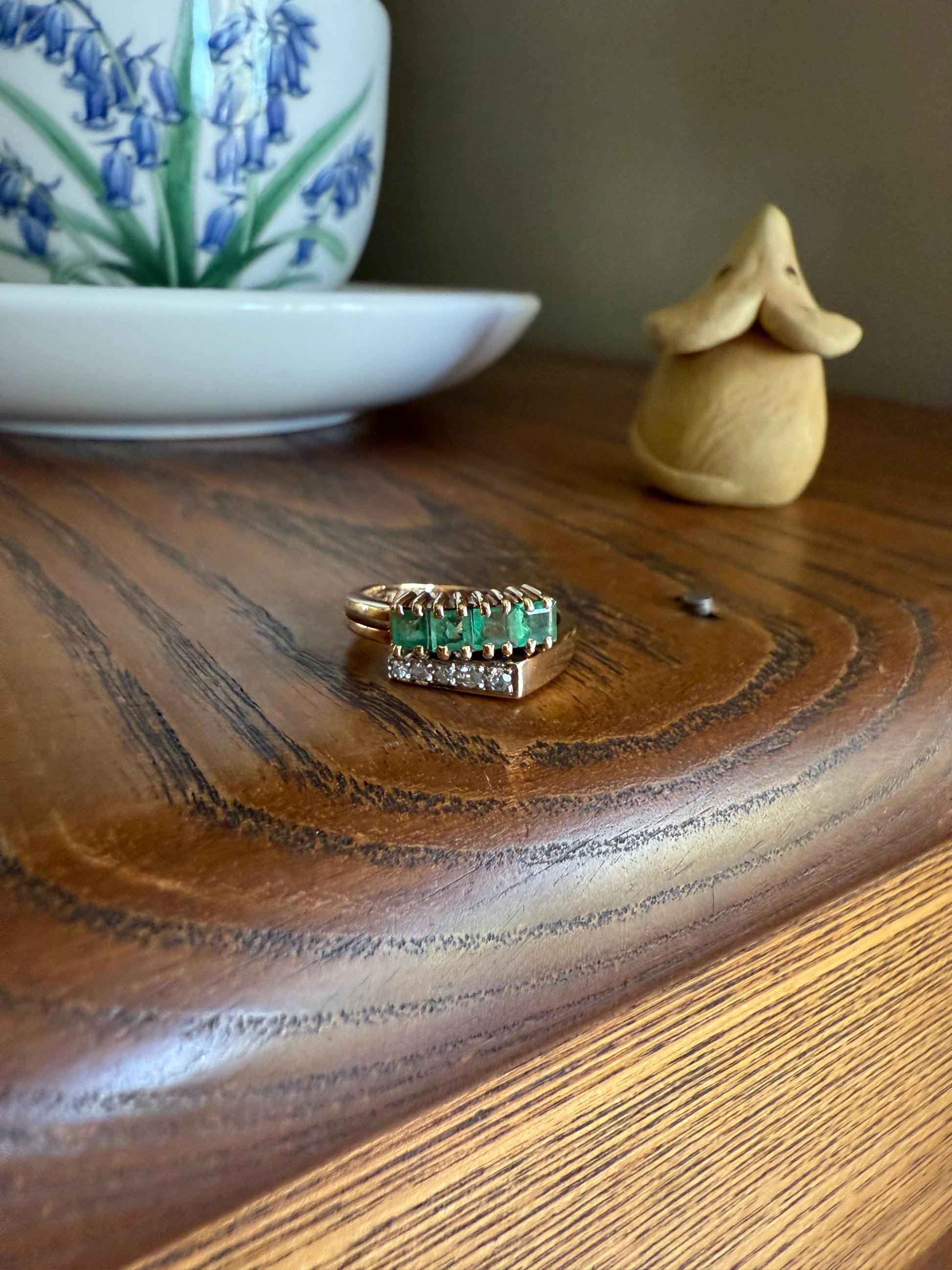 EMERALD & Single Cut DIAMOND Asymmetrical Ring Art Deco Vintage to Antique Natural Green 14k Gold Solid Stacker Band Double Row Angled