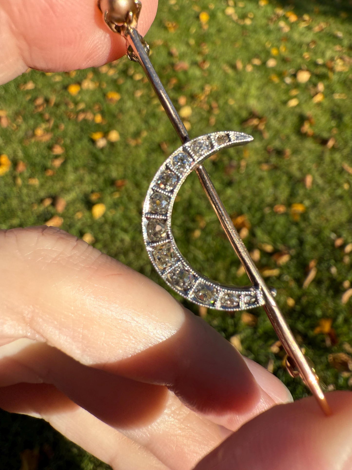 MOON Crescent Brooch .85 Carat + Rose Old Mine DIAMOND 14k Gold Platinum Extender Connector Pendant Pin Charm Holder Figural Celestial Pearl