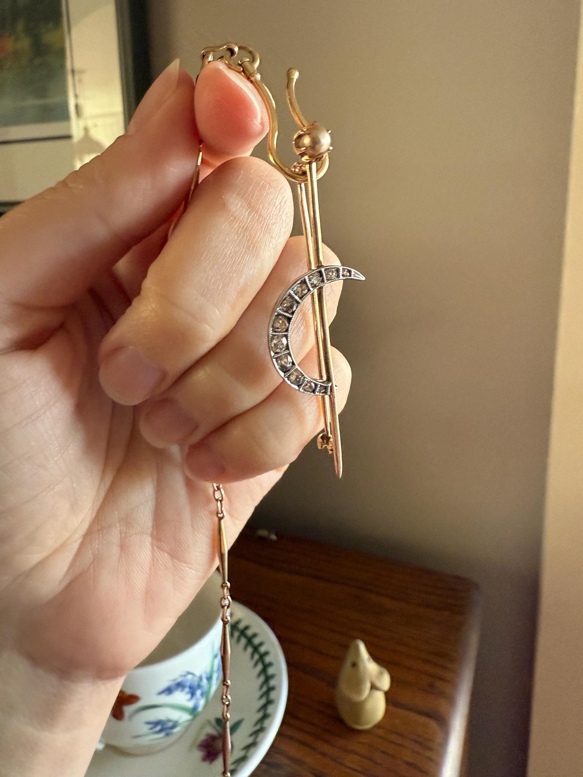 MOON Crescent Brooch .85 Carat + Rose Old Mine DIAMOND 14k Gold Platinum Extender Connector Pendant Pin Charm Holder Figural Celestial Pearl