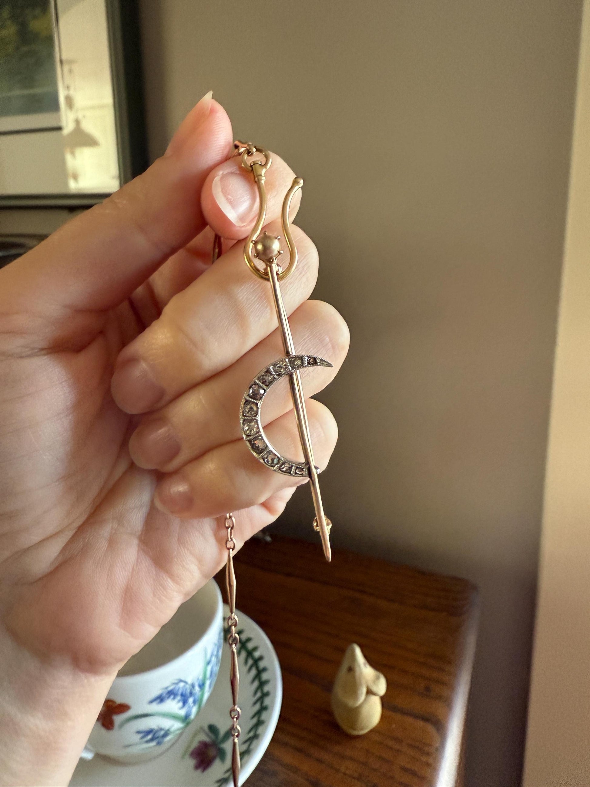 MOON Crescent Brooch .85 Carat + Rose Old Mine DIAMOND 14k Gold Platinum Extender Connector Pendant Pin Charm Holder Figural Celestial Pearl