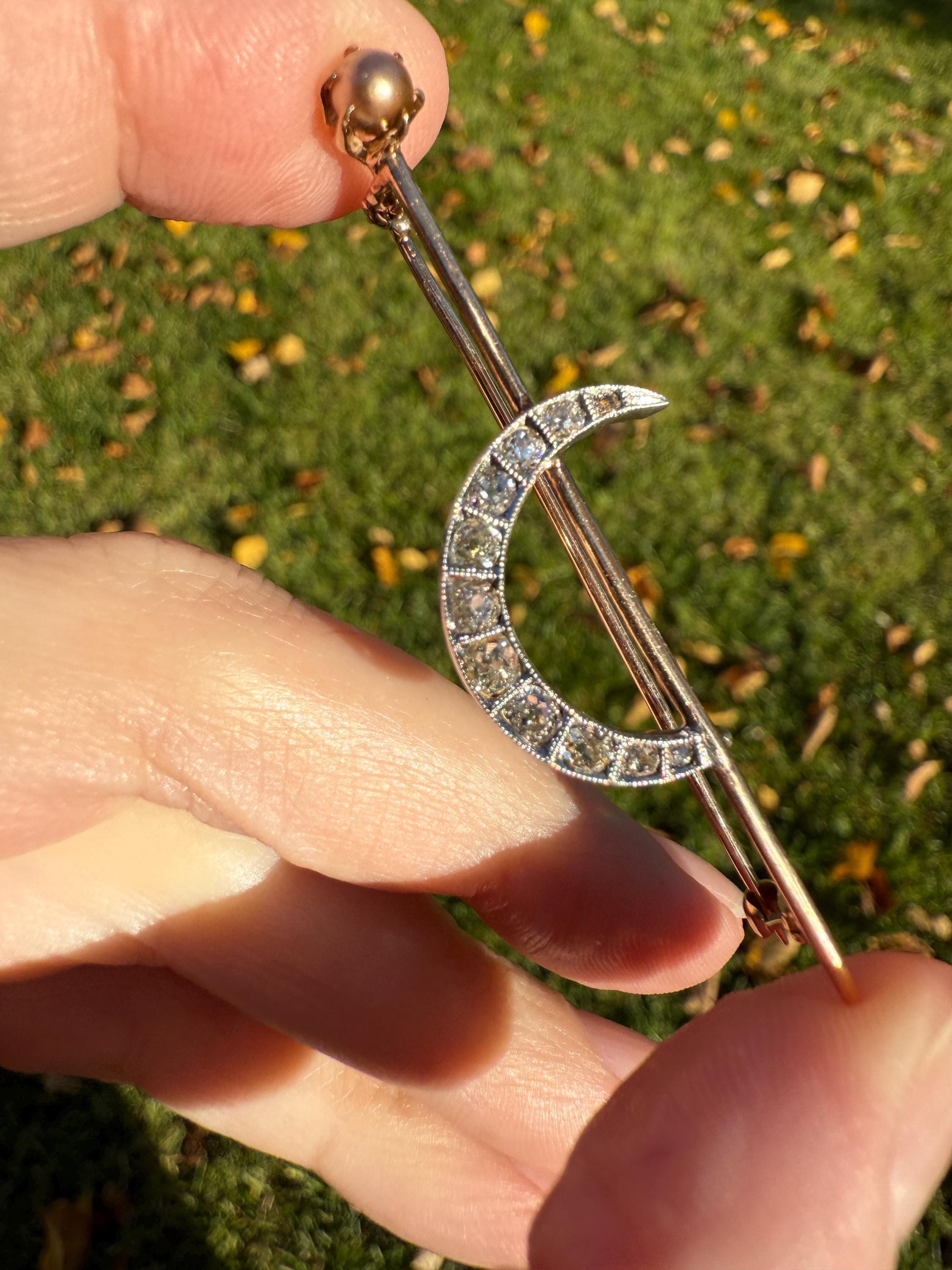 MOON Crescent Brooch .85 Carat + Rose Old Mine DIAMOND 14k Gold Platinum Extender Connector Pendant Pin Charm Holder Figural Celestial Pearl