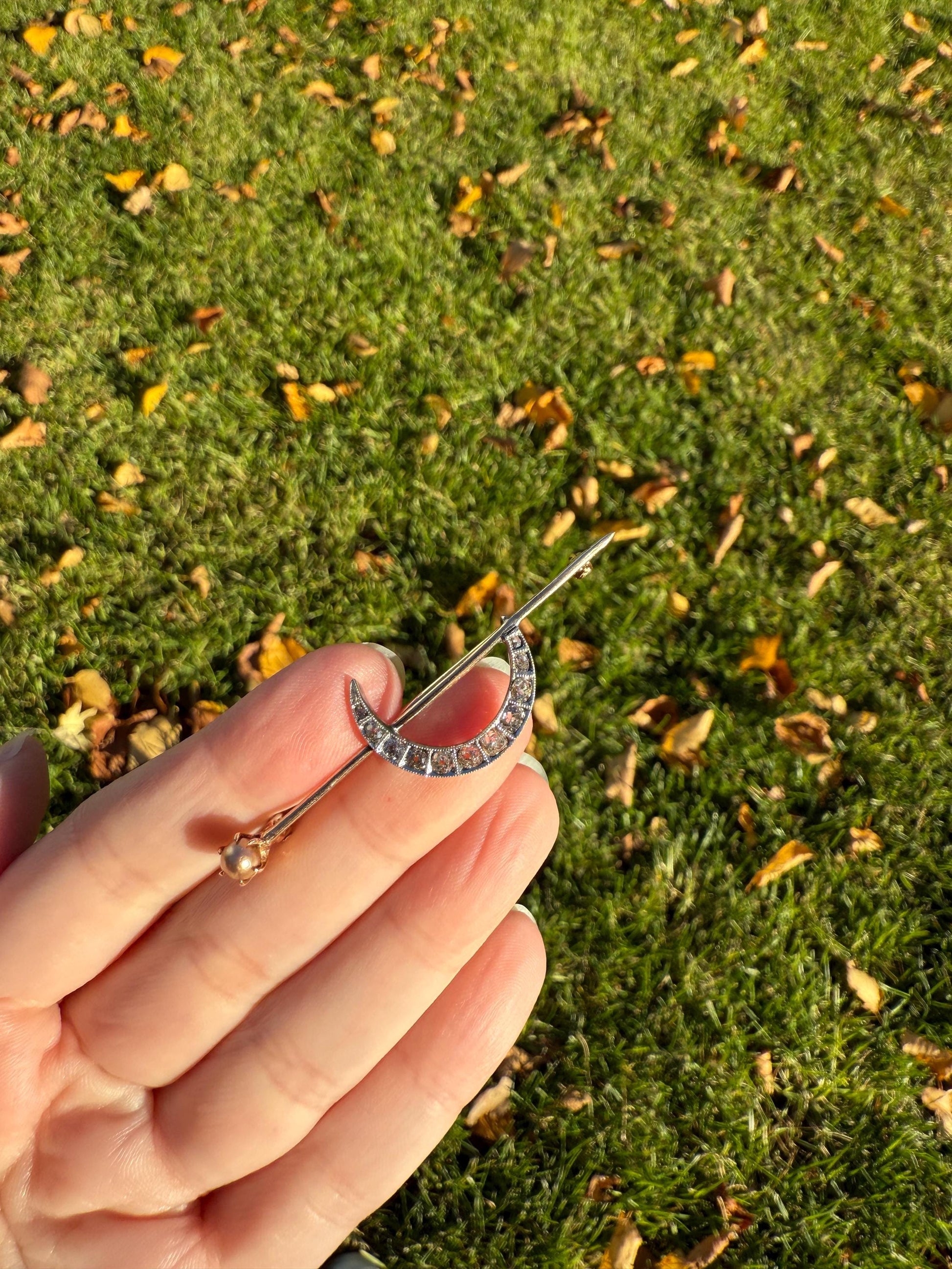 MOON Crescent Brooch .85 Carat + Rose Old Mine DIAMOND 14k Gold Platinum Extender Connector Pendant Pin Charm Holder Figural Celestial Pearl