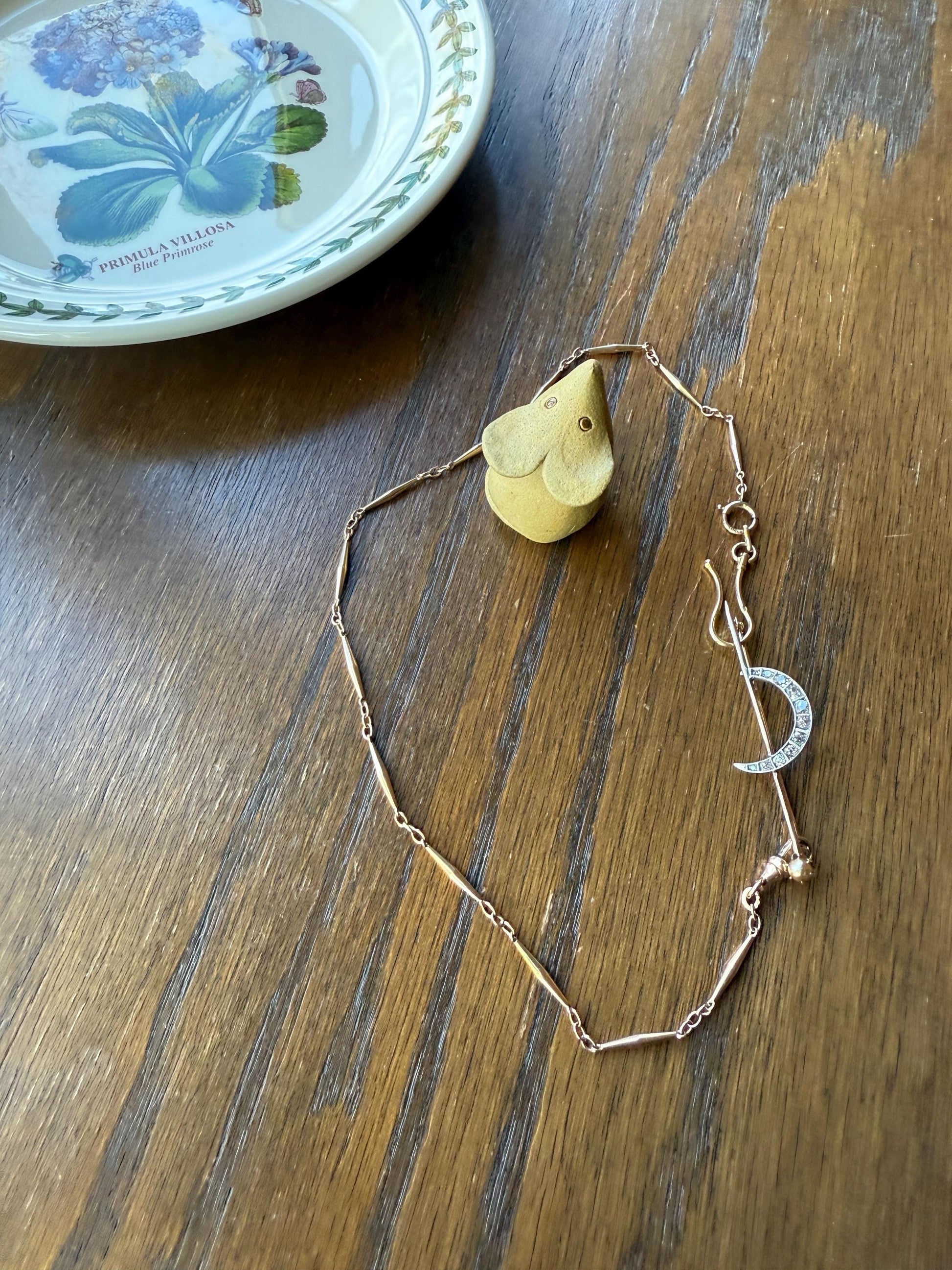 MOON Crescent Brooch .85 Carat + Rose Old Mine DIAMOND 14k Gold Platinum Extender Connector Pendant Pin Charm Holder Figural Celestial Pearl