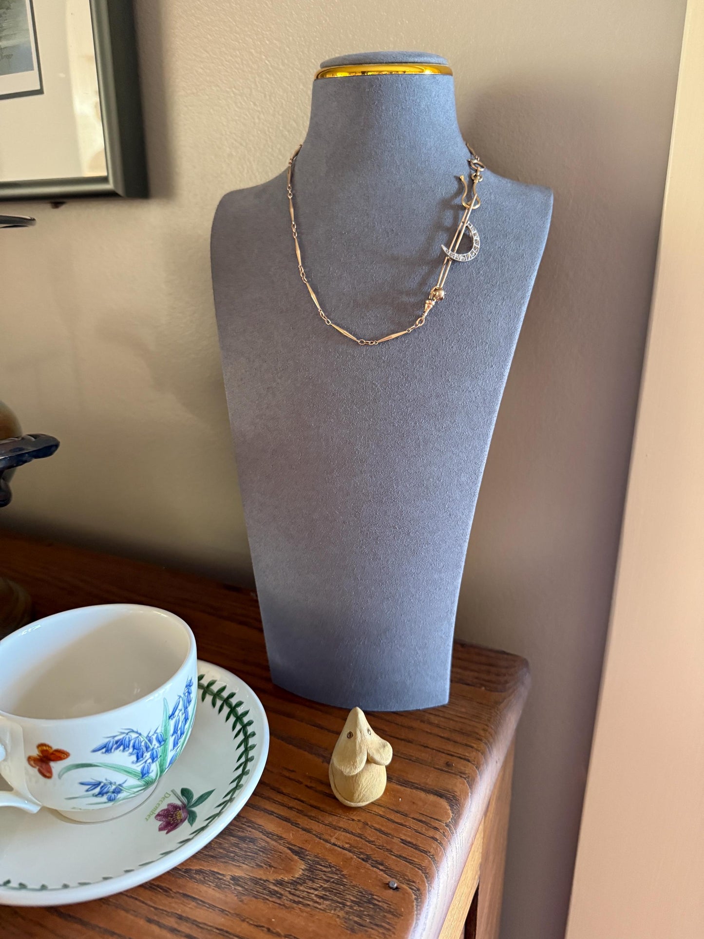 MOON Crescent Brooch .85 Carat + Rose Old Mine DIAMOND 14k Gold Platinum Extender Connector Pendant Pin Charm Holder Figural Celestial Pearl