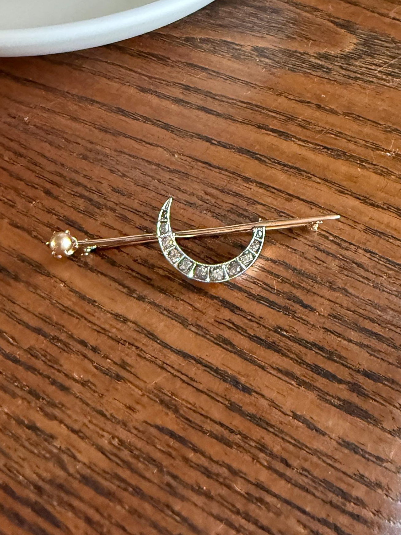 MOON Crescent Brooch .85 Carat + Rose Old Mine DIAMOND 14k Gold Platinum Extender Connector Pendant Pin Charm Holder Figural Celestial Pearl