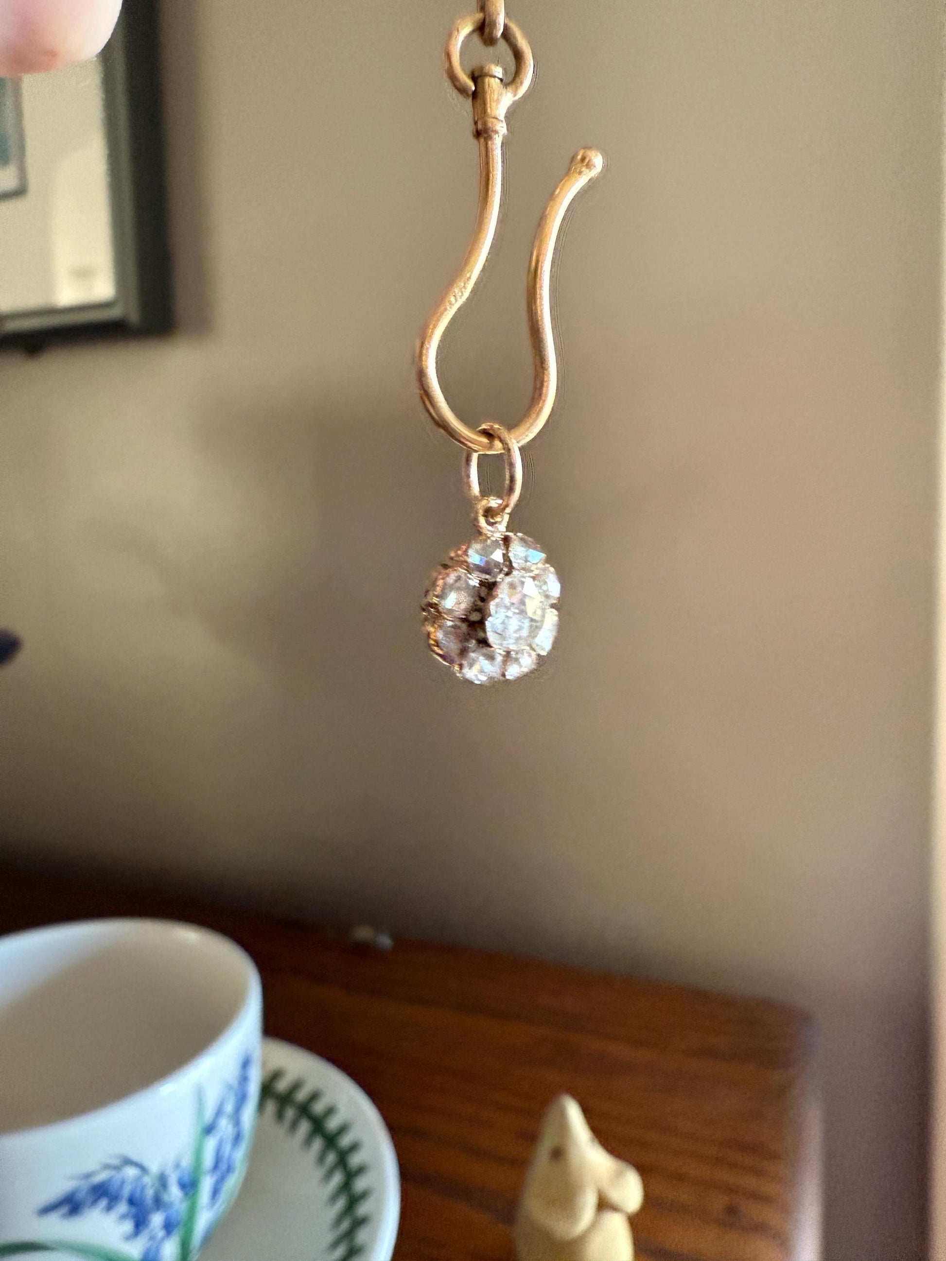Daisy Cluster Pendant Rose Cut DIAMOND Antique Victorian 18k Gold Pendant Faces Up 1.15 Carat Necklace Bracelet Charm Floral Drop Dangle