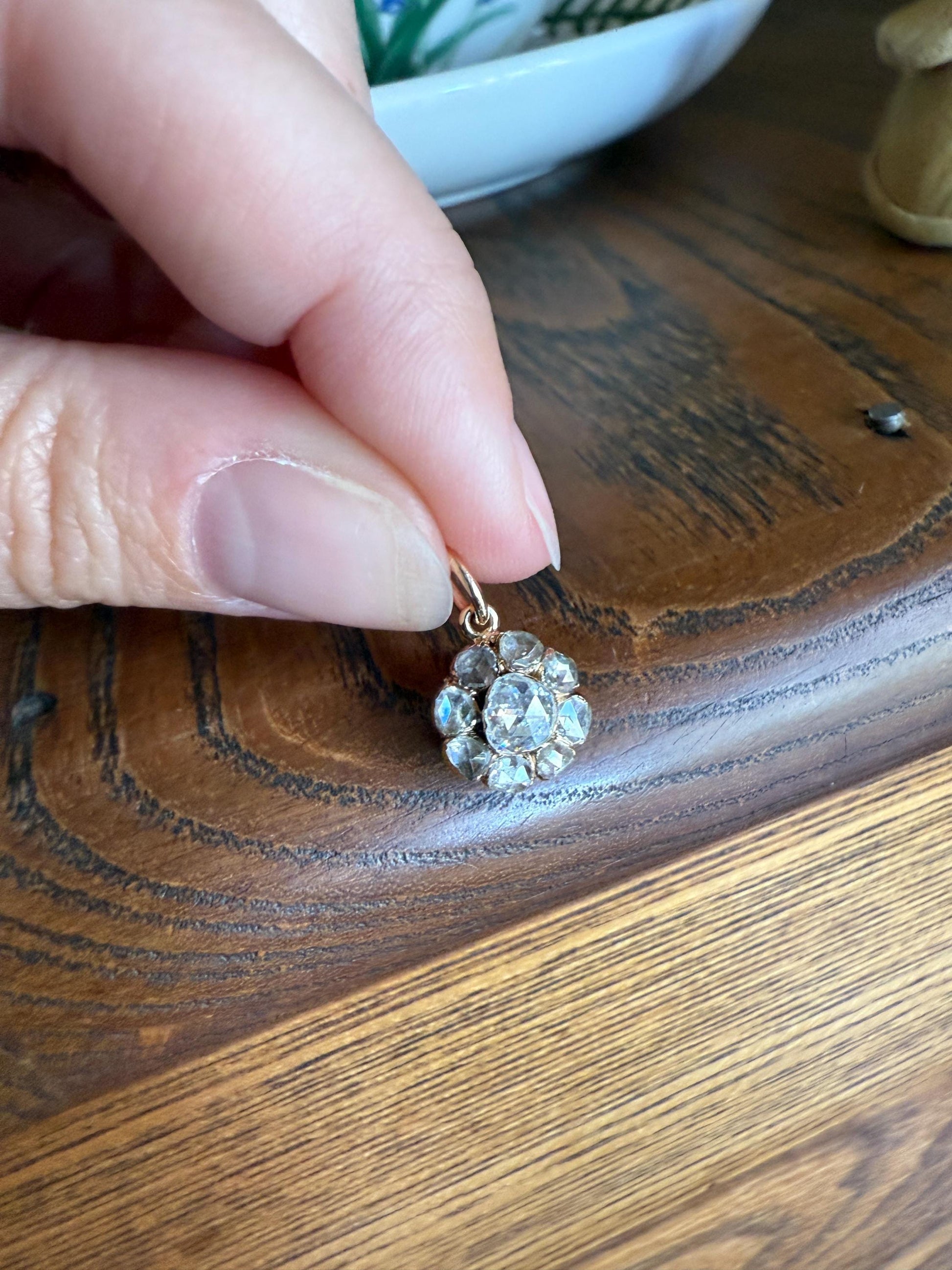 Daisy Cluster Pendant Rose Cut DIAMOND Antique Victorian 18k Gold Pendant Faces Up 1.15 Carat Necklace Bracelet Charm Floral Drop Dangle