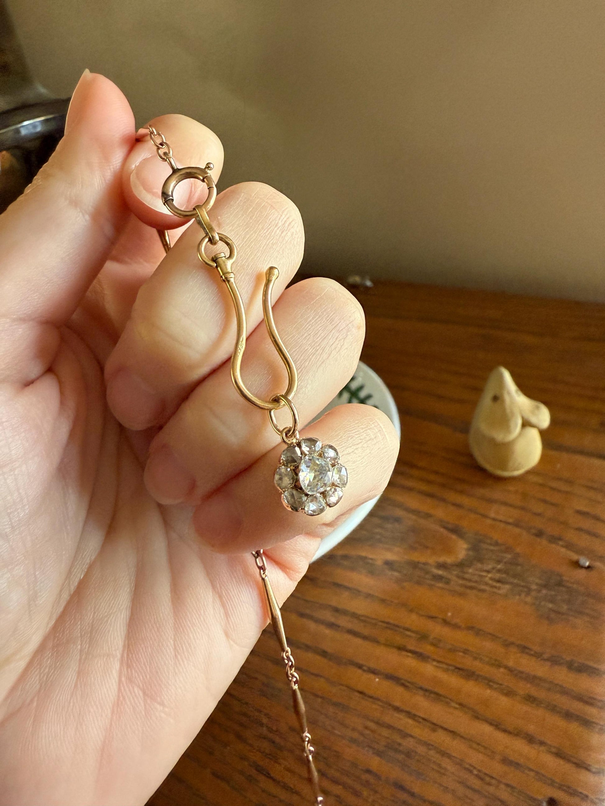 Daisy Cluster Pendant Rose Cut DIAMOND Antique Victorian 18k Gold Pendant Faces Up 1.15 Carat Necklace Bracelet Charm Floral Drop Dangle