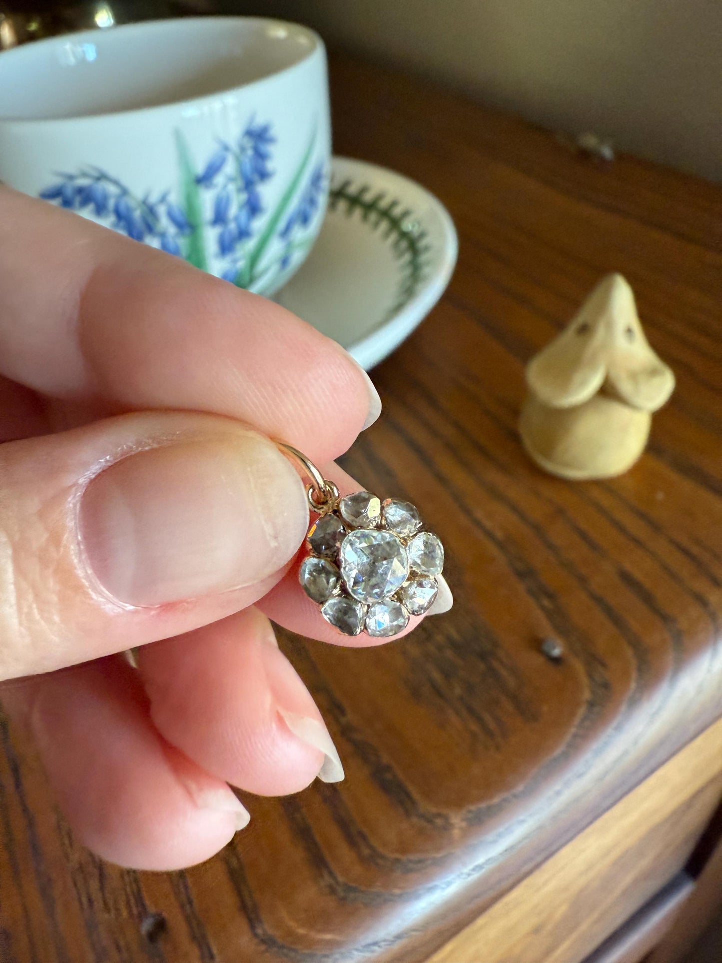 Daisy Cluster Pendant Rose Cut DIAMOND Antique Victorian 18k Gold Pendant Faces Up 1.15 Carat Necklace Bracelet Charm Floral Drop Dangle
