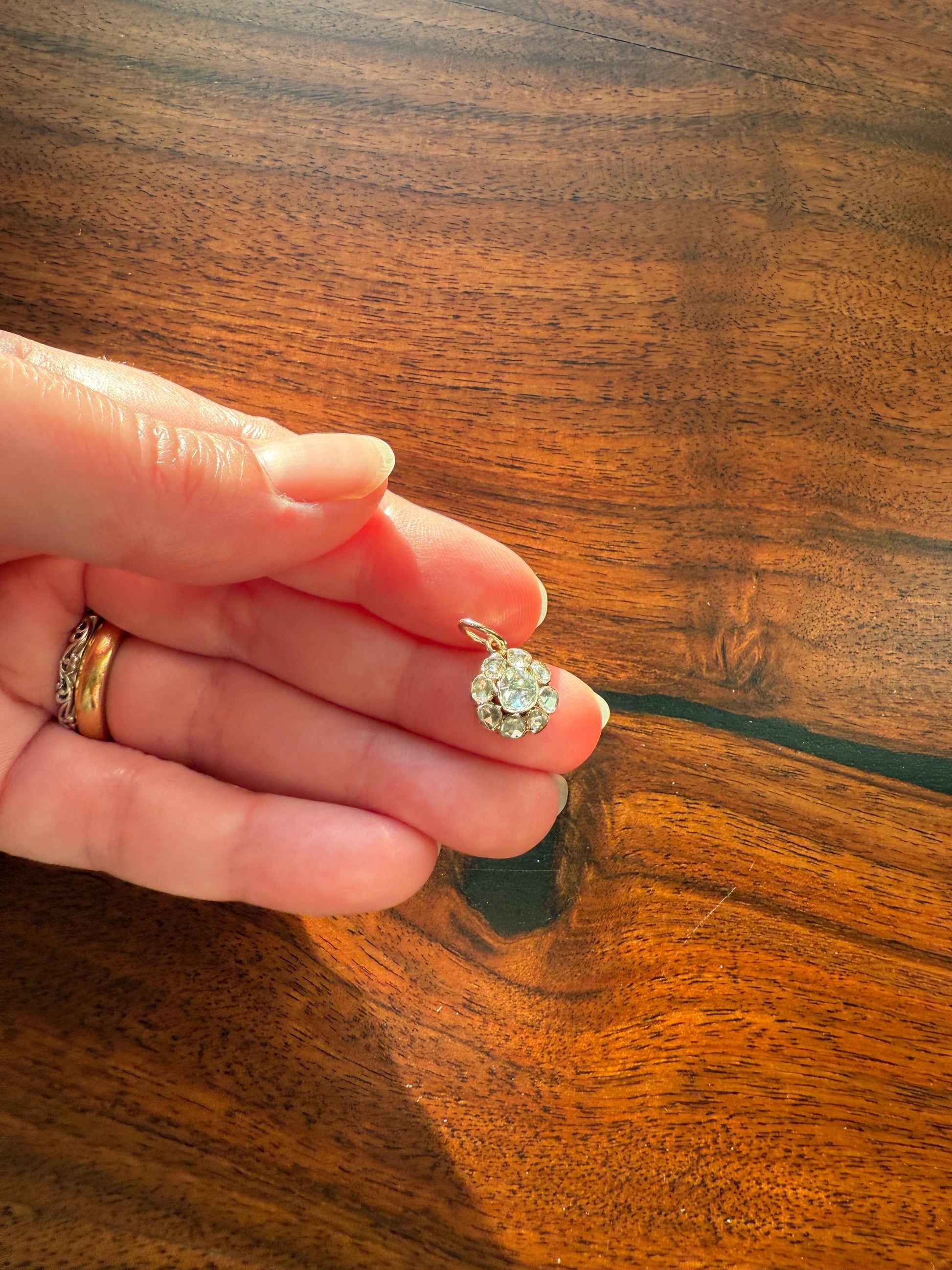 Daisy Cluster Pendant Rose Cut DIAMOND Antique Victorian 18k Gold Pendant Faces Up 1.15 Carat Necklace Bracelet Charm Floral Drop Dangle