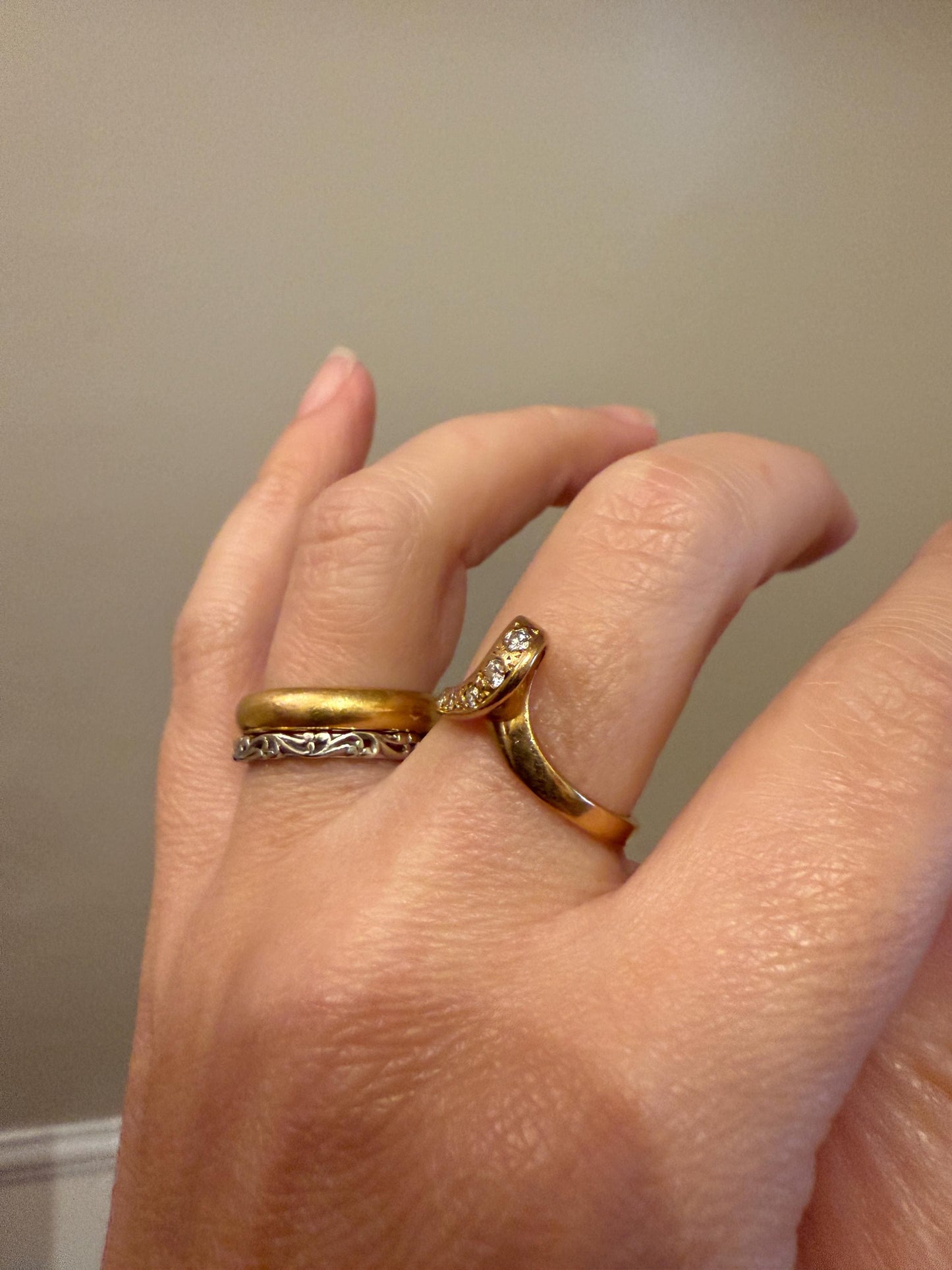 LOOP 3D French Vintage Curled Stacker Band Looped Ring 18k Gold Single Cut Diamonds Figural Tiara Chevron V Ring Retro