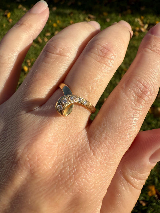 LOOP 3D French Vintage Curled Stacker Band Looped Ring 18k Gold Single Cut Diamonds Figural Tiara Chevron V Ring Retro