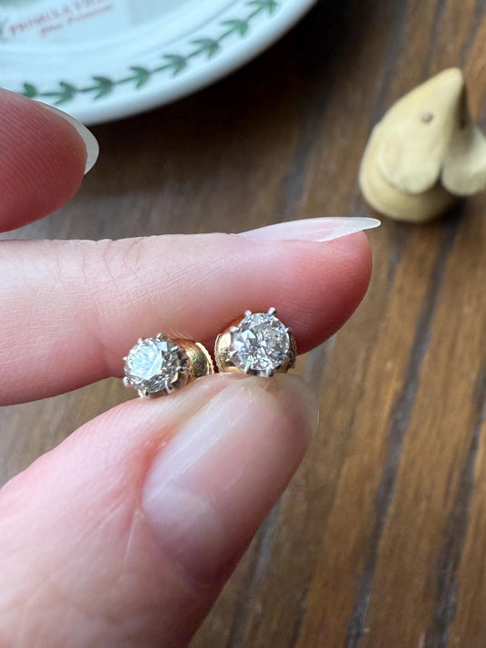 Vintage .7 Ctw Transitional Cut DIAMOND Buttercup Prong Stud Earrings French 18k Gold Platinum Romantic Gift Earstack Minimalist Alpa Back