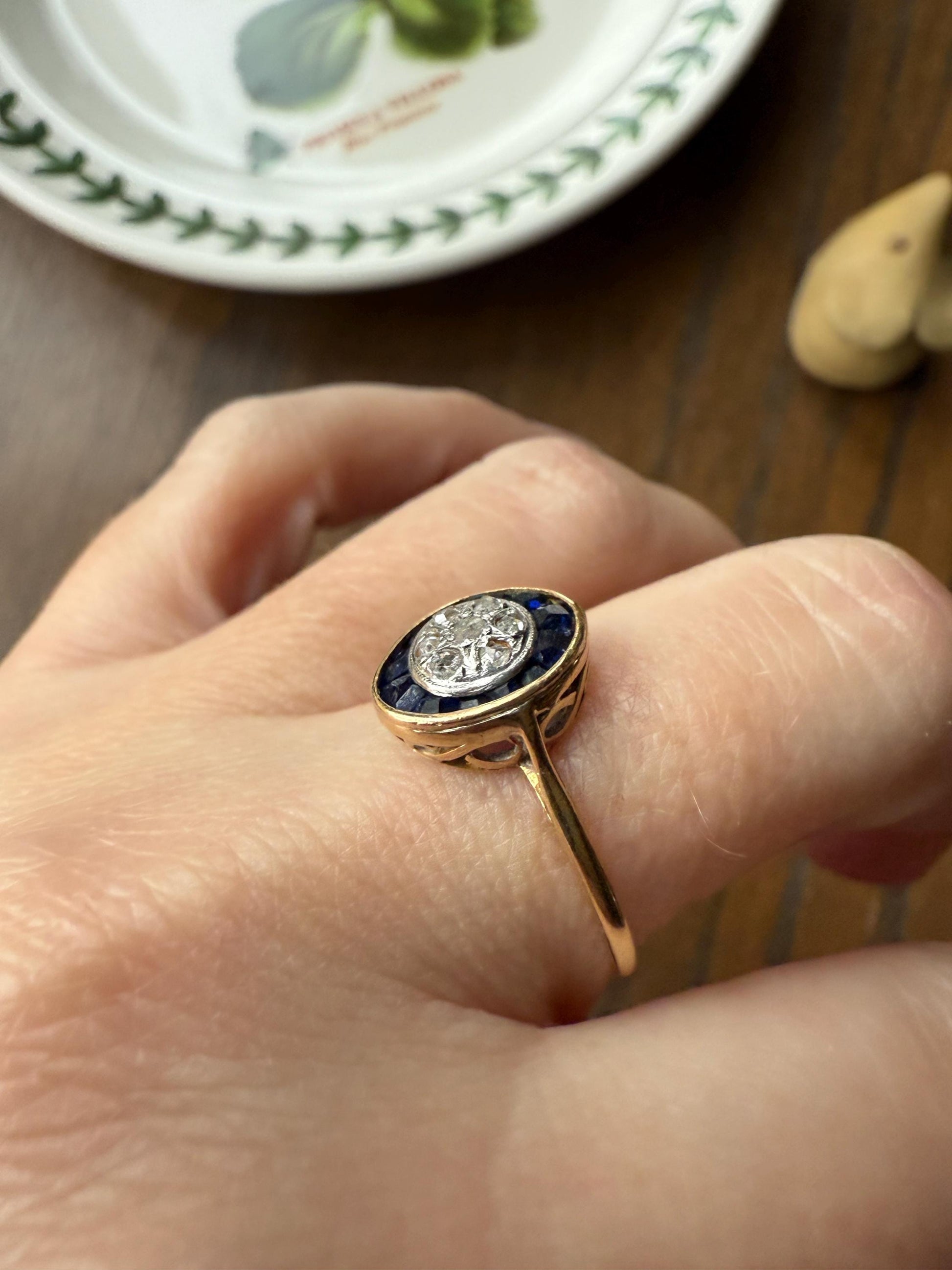 OVAL Rose Cut Diamond Carre Trapezoid Sapphire HALO Ring French Antique 18k Gold Edwardian Ornate Tall Stacker OmC Blue Channel Set