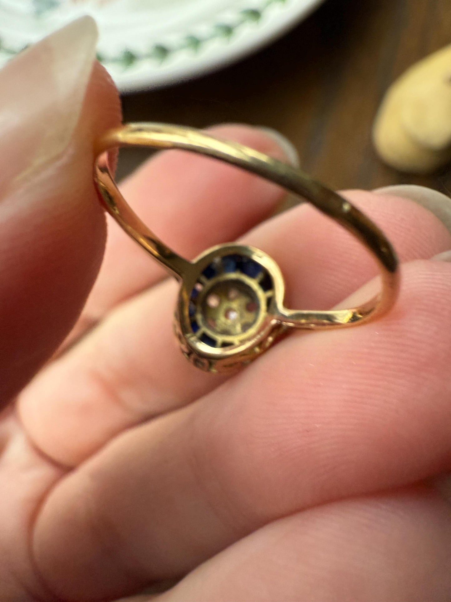 OVAL Rose Cut Diamond Carre Trapezoid Sapphire HALO Ring French Antique 18k Gold Edwardian Ornate Tall Stacker OmC Blue Channel Set