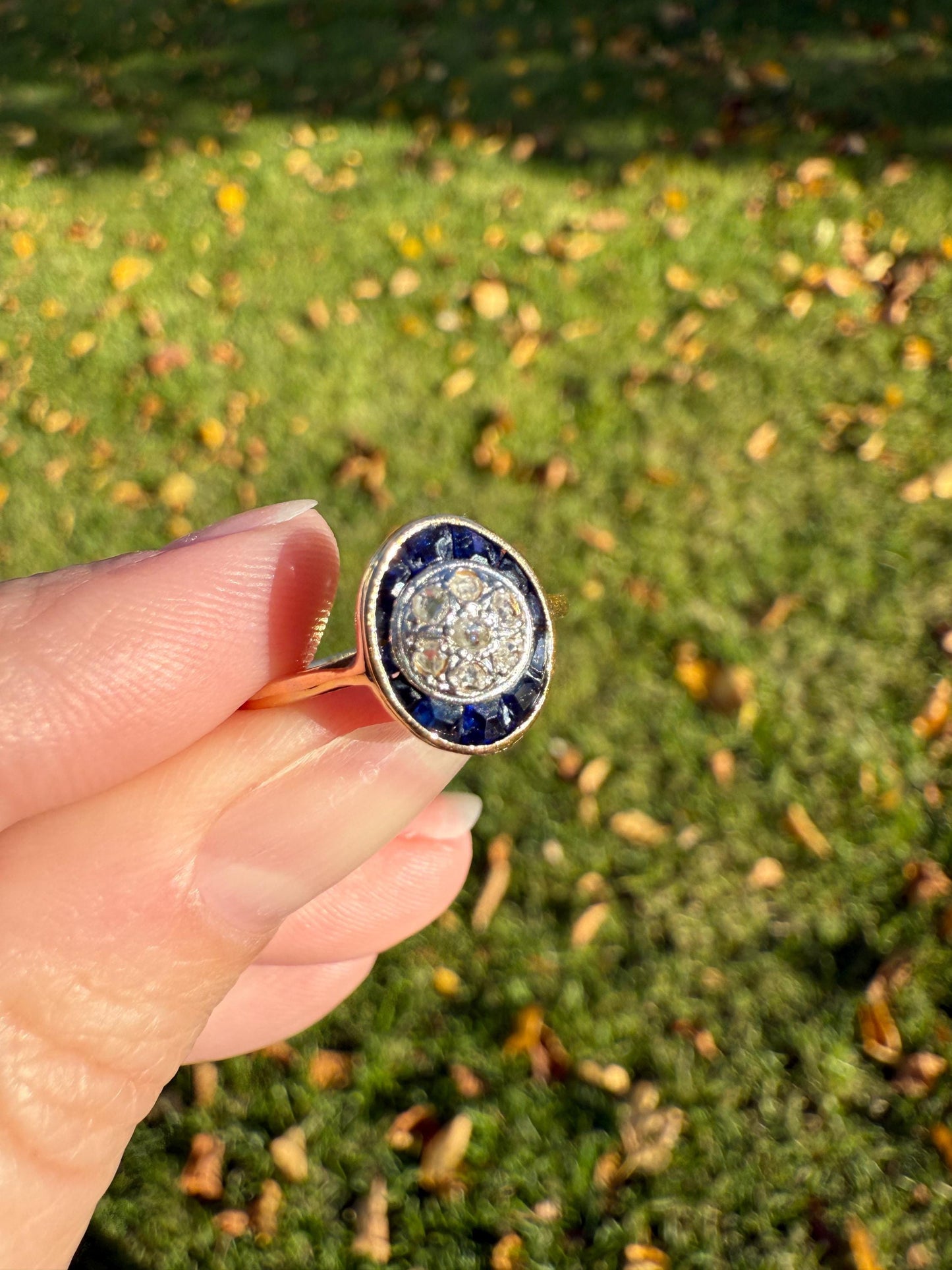 OVAL Rose Cut Diamond Carre Trapezoid Sapphire HALO Ring French Antique 18k Gold Edwardian Ornate Tall Stacker OmC Blue Channel Set