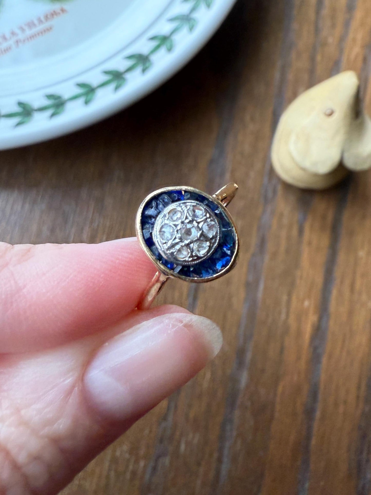 OVAL Rose Cut Diamond Carre Trapezoid Sapphire HALO Ring French Antique 18k Gold Edwardian Ornate Tall Stacker OmC Blue Channel Set