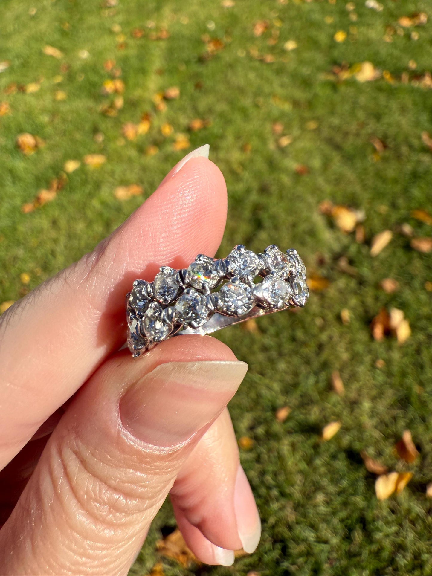 Vintage 2 1/4 CARATS Double Row Ring Old Mine European Cut Diamond Half Hoop Eternity Band 14k White Gold Wedding Stacker 2.25Ctw OMC