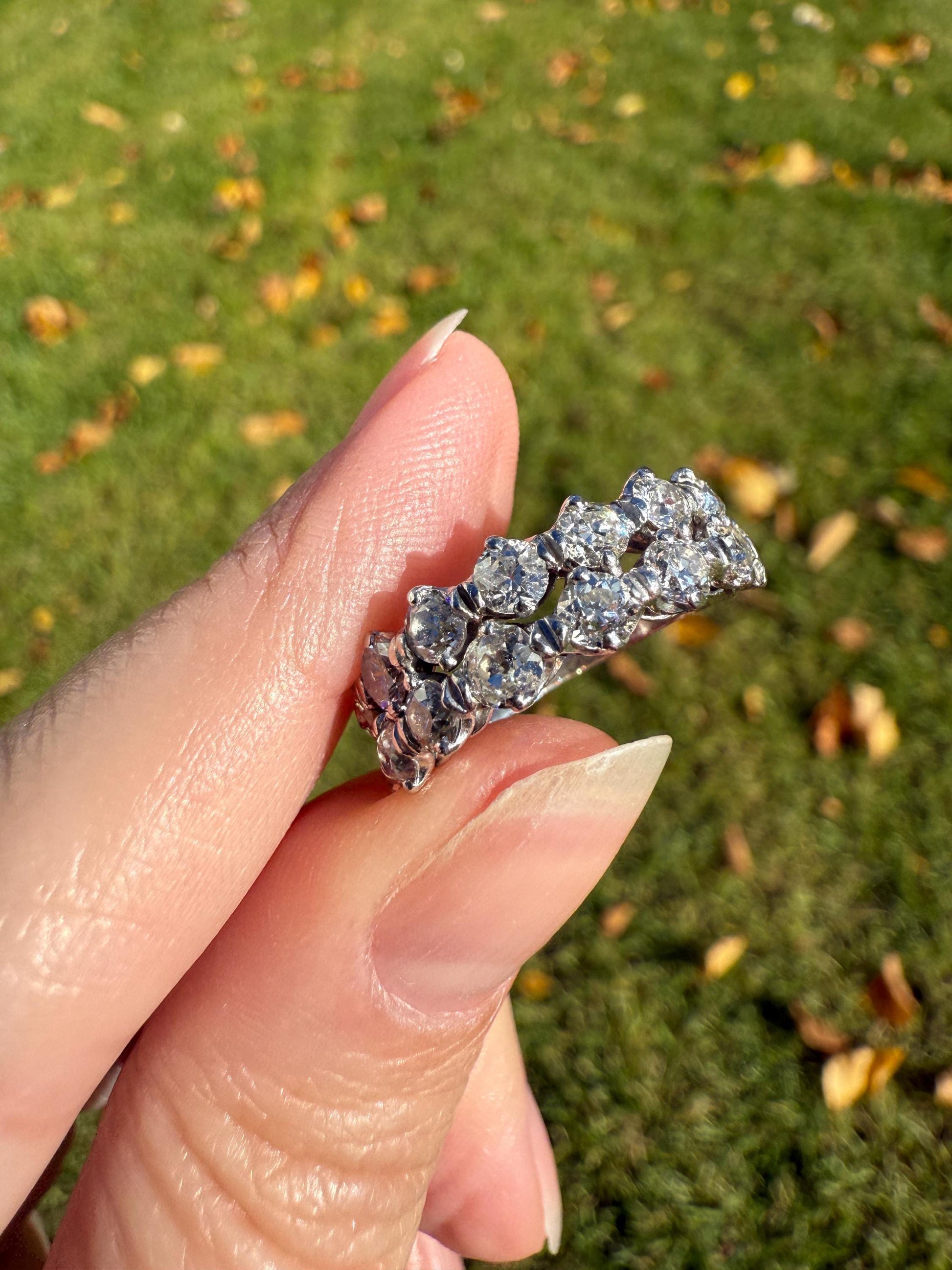 Vintage 2 1/4 CARATS Double Row Ring Old Mine European Cut Diamond Half Hoop Eternity Band 14k White Gold Wedding Stacker 2.25Ctw OMC