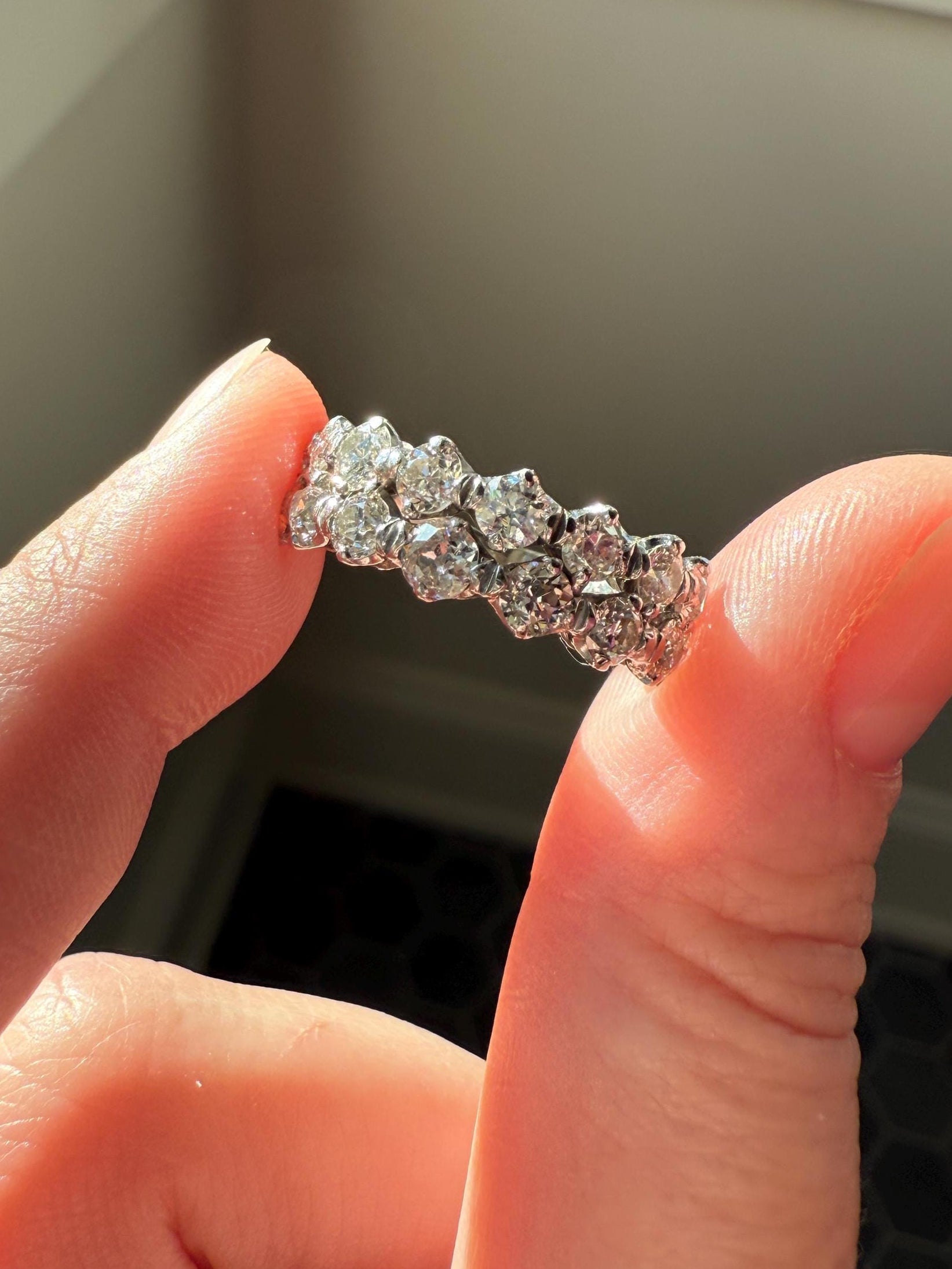 Vintage 2 1/4 CARATS Double Row Ring Old Mine European Cut Diamond Half Hoop Eternity Band 14k White Gold Wedding Stacker 2.25Ctw OMC