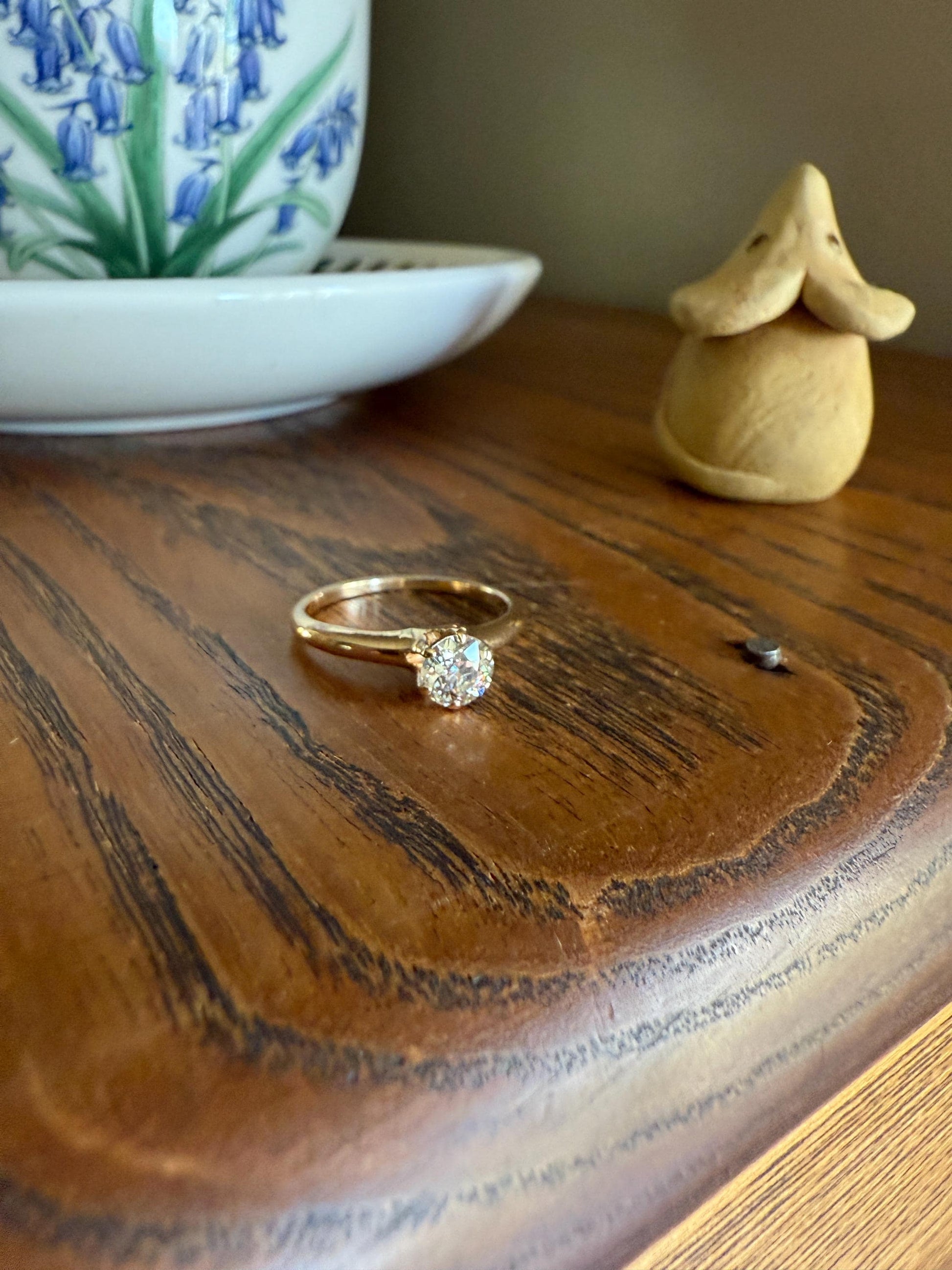 Antique .6 Carat Old European Cut DIAMOND Solitaire Engagement Ring Stacker 14k Yellow Gold Wedding Something Old Daily Wear Prong Set Gift