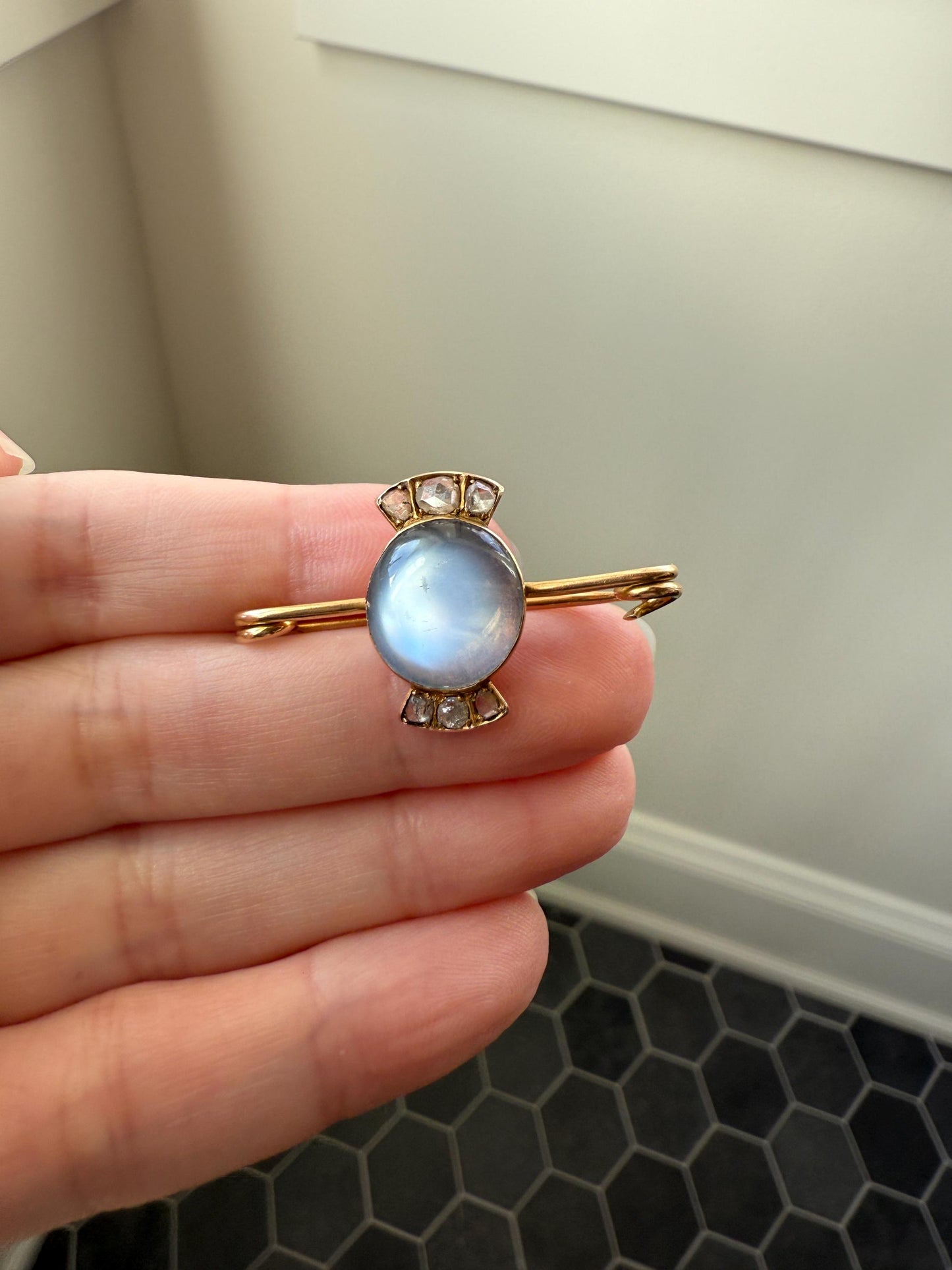 Blue MOONSTONE Victorian Antique Rose Cut DIAMOND Candy Brooch 14k Gold Extender Connector Pendant Safety Pin Charm Holder Glowing Orb