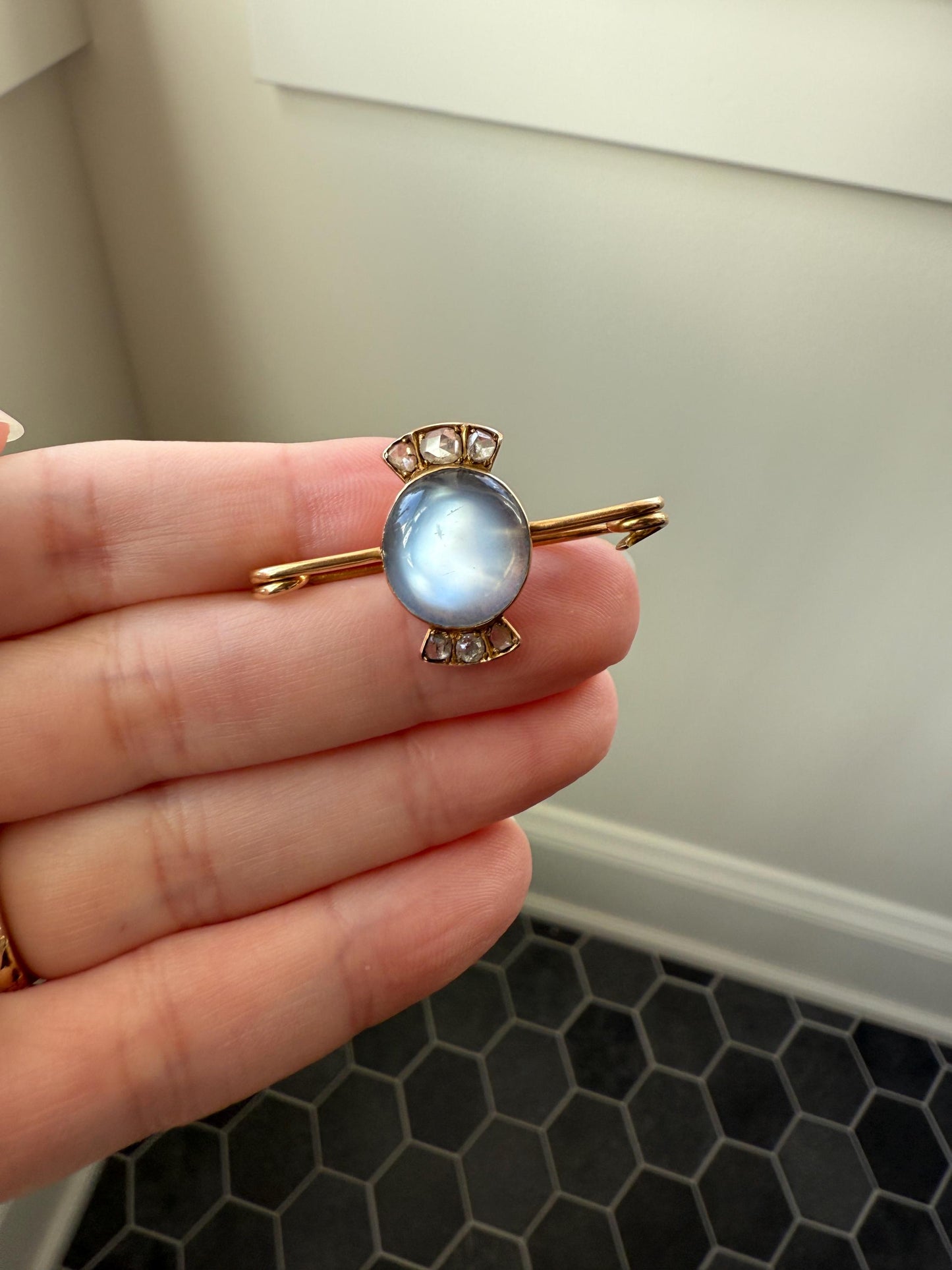 Blue MOONSTONE Victorian Antique Rose Cut DIAMOND Candy Brooch 14k Gold Extender Connector Pendant Safety Pin Charm Holder Glowing Orb
