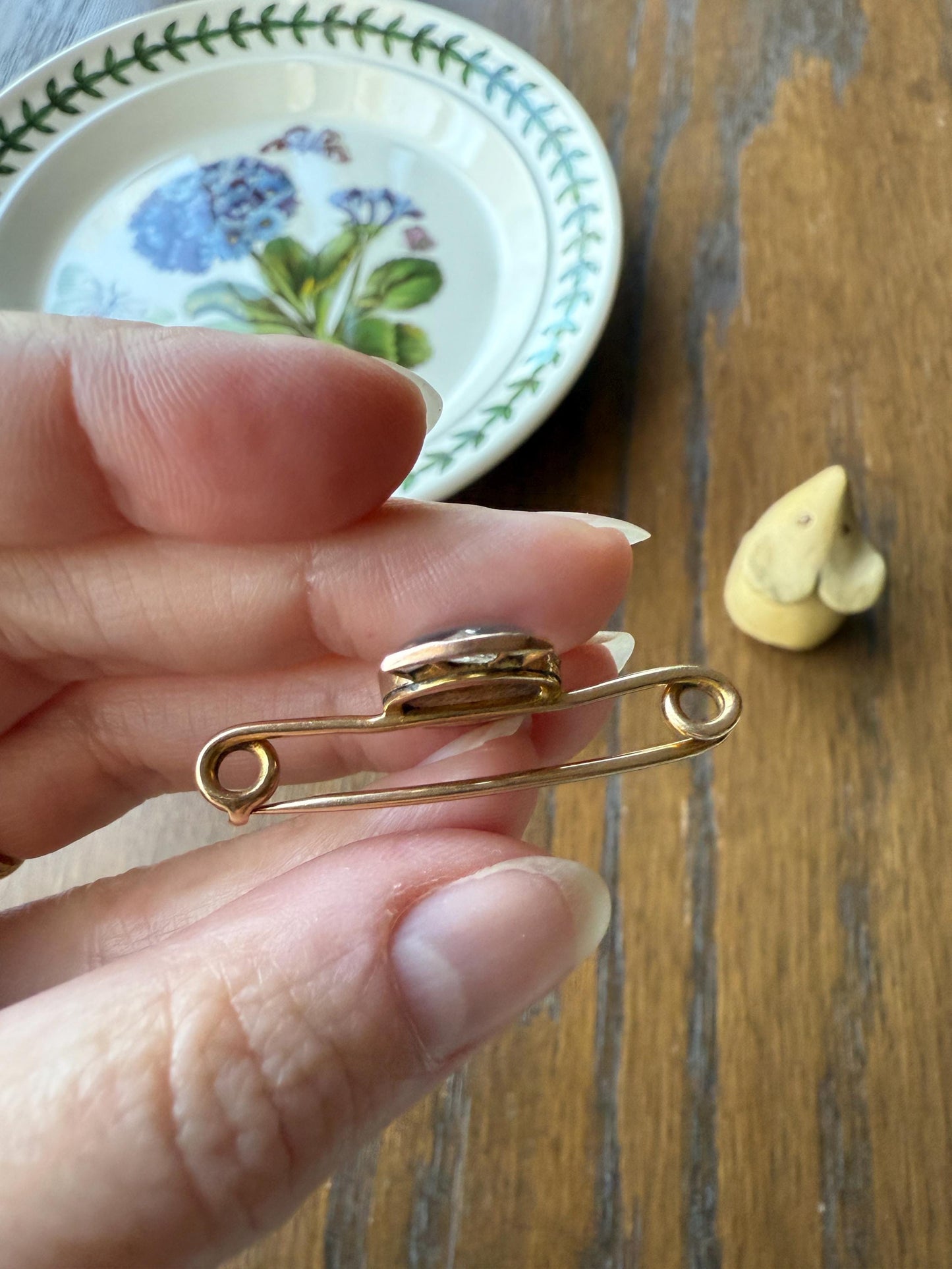 Blue MOONSTONE Victorian Antique Rose Cut DIAMOND Candy Brooch 14k Gold Extender Connector Pendant Safety Pin Charm Holder Glowing Orb