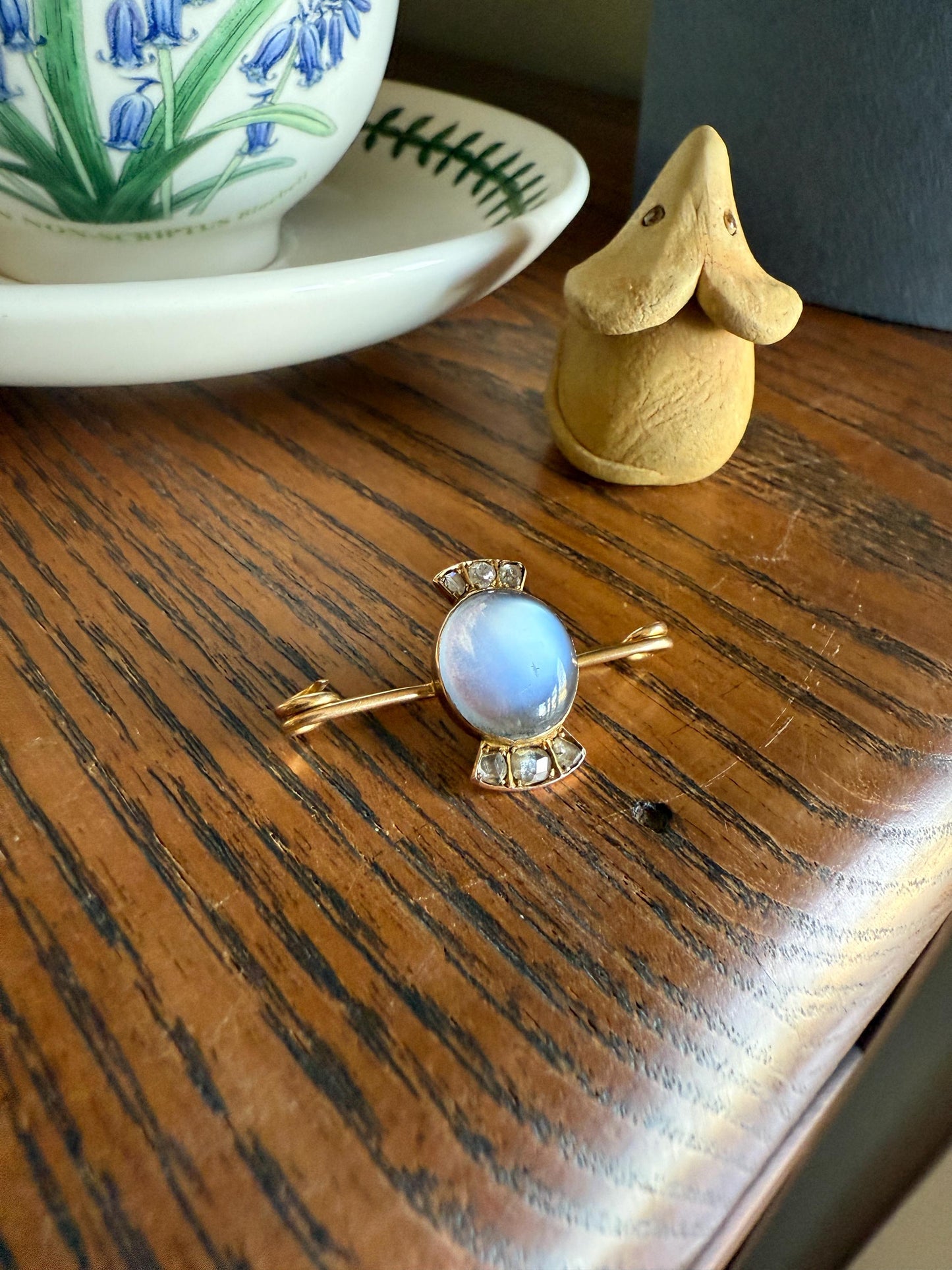 Blue MOONSTONE Victorian Antique Rose Cut DIAMOND Candy Brooch 14k Gold Extender Connector Pendant Safety Pin Charm Holder Glowing Orb