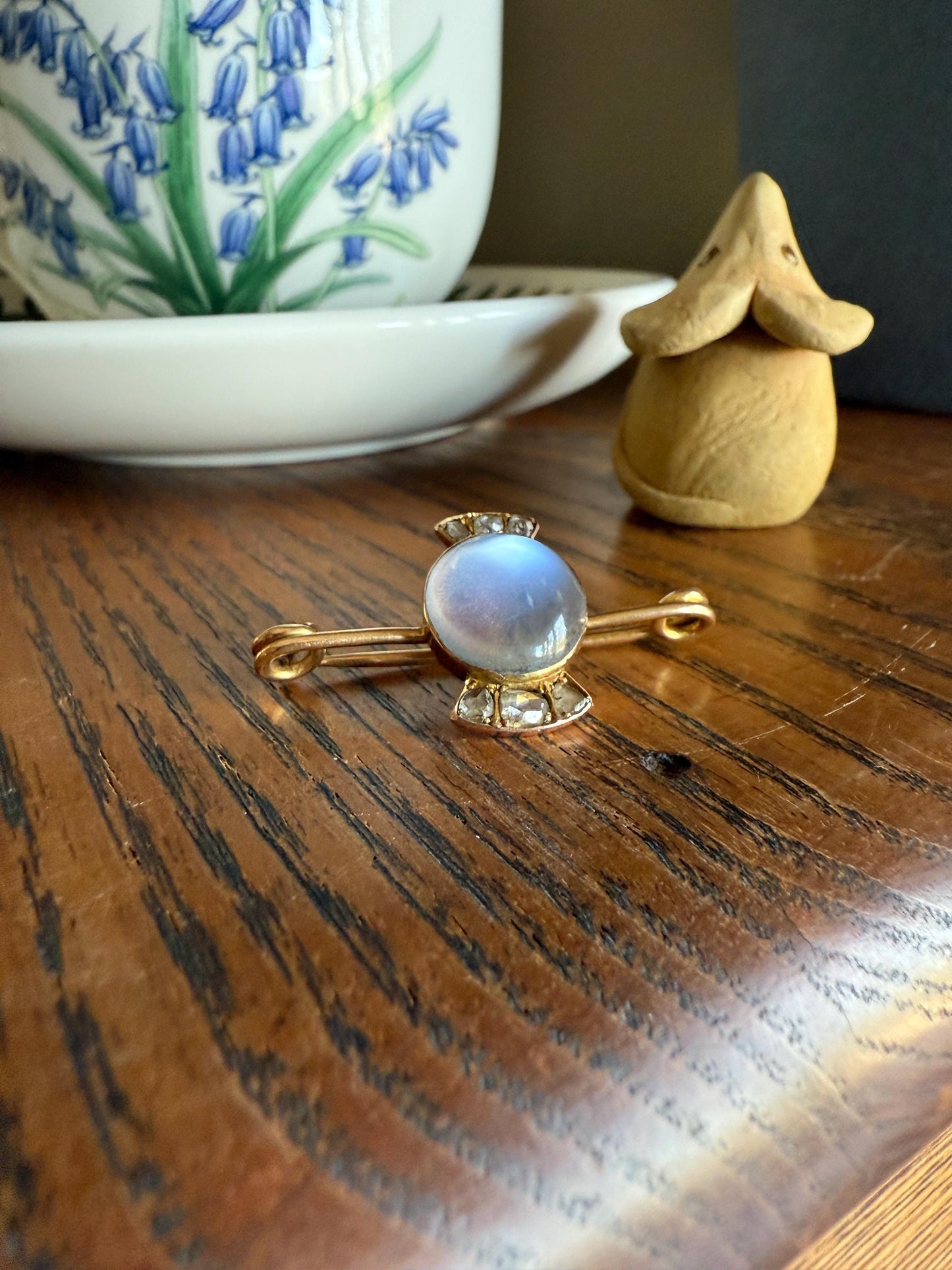 Blue MOONSTONE Victorian Antique Rose Cut DIAMOND Candy Brooch 14k Gold Extender Connector Pendant Safety Pin Charm Holder Glowing Orb