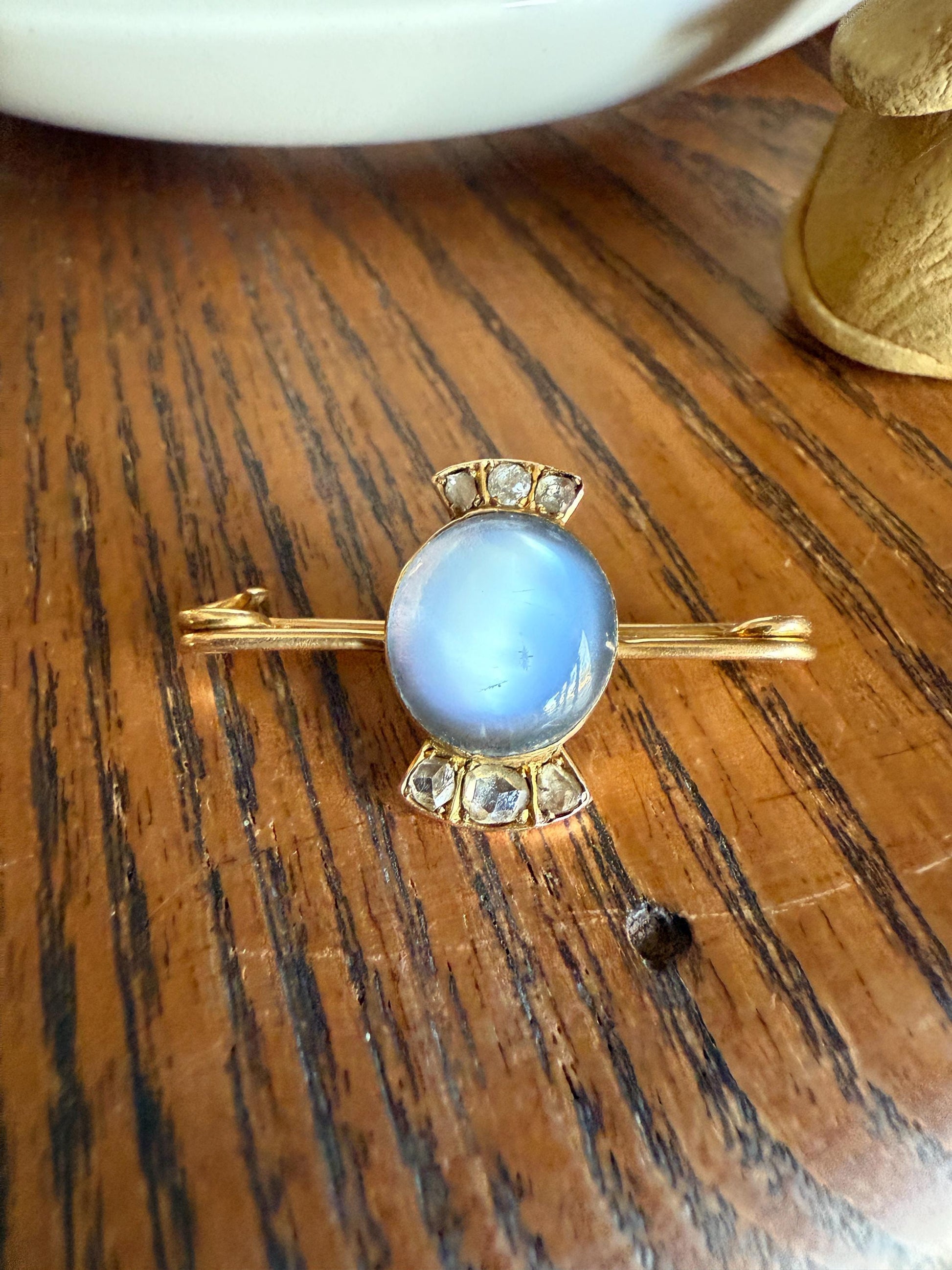 Blue MOONSTONE Victorian Antique Rose Cut DIAMOND Candy Brooch 14k Gold Extender Connector Pendant Safety Pin Charm Holder Glowing Orb