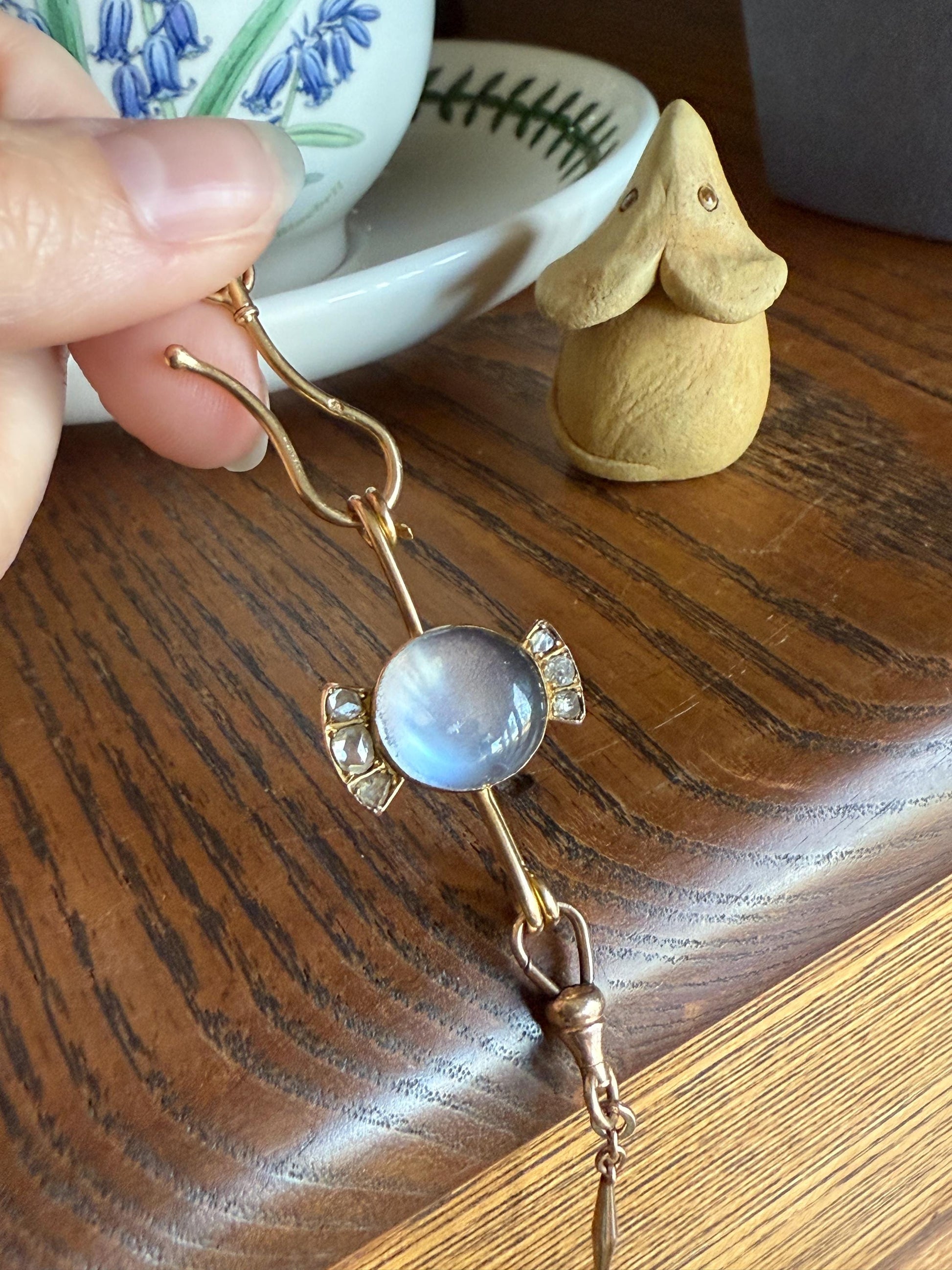 Blue MOONSTONE Victorian Antique Rose Cut DIAMOND Candy Brooch 14k Gold Extender Connector Pendant Safety Pin Charm Holder Glowing Orb