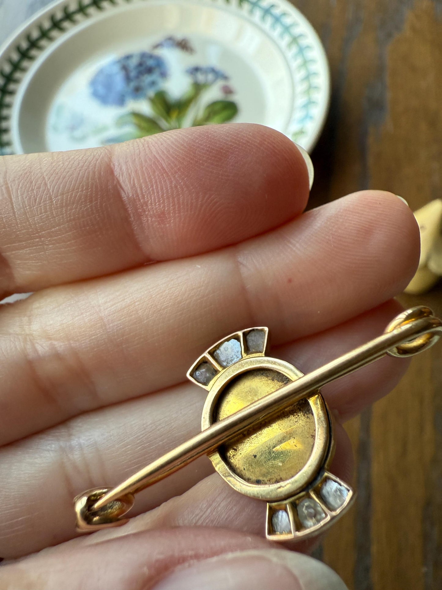 Blue MOONSTONE Victorian Antique Rose Cut DIAMOND Candy Brooch 14k Gold Extender Connector Pendant Safety Pin Charm Holder Glowing Orb