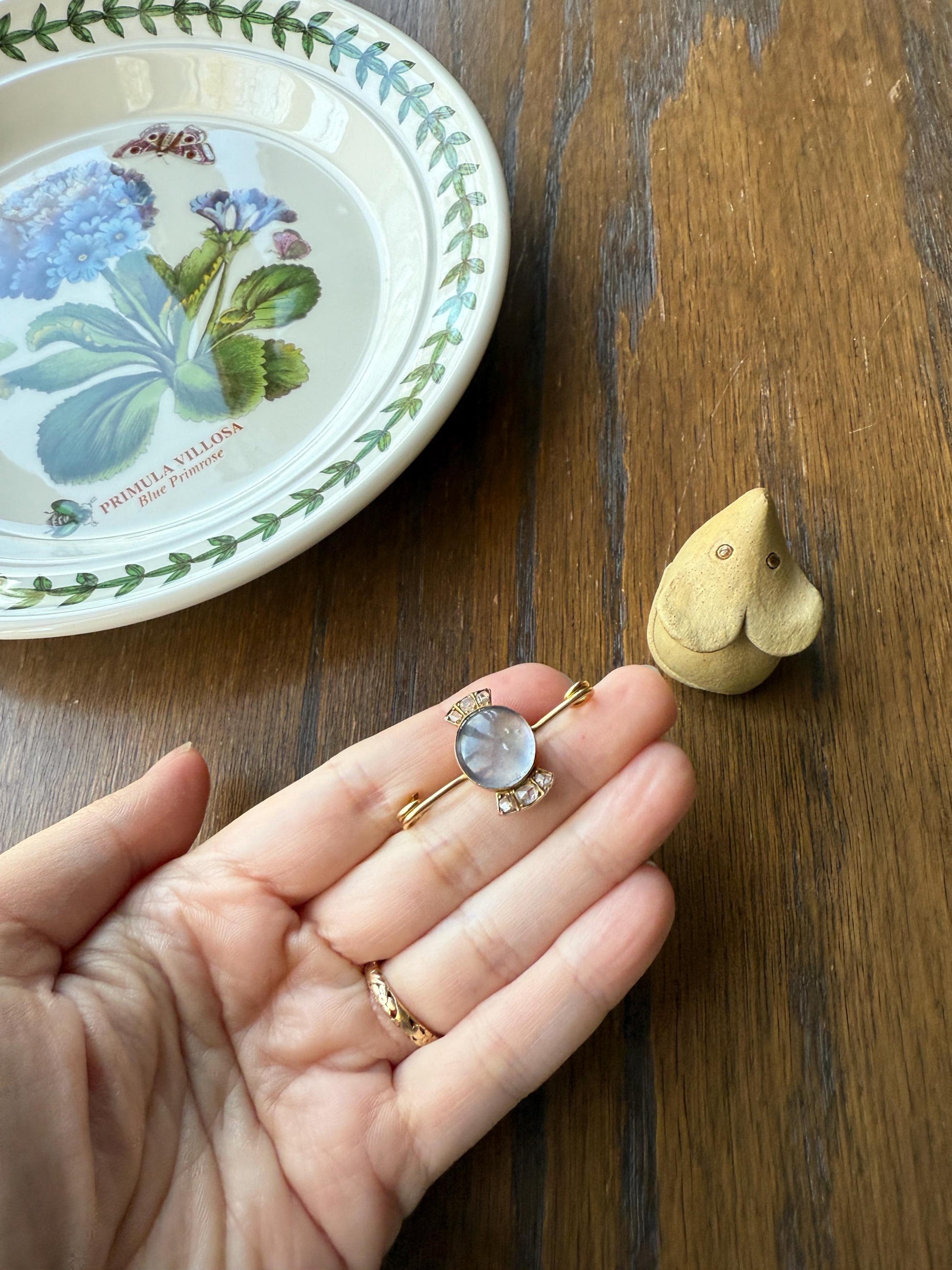 Blue MOONSTONE Victorian Antique Rose Cut DIAMOND Candy Brooch 14k Gold Extender Connector Pendant Safety Pin Charm Holder Glowing Orb