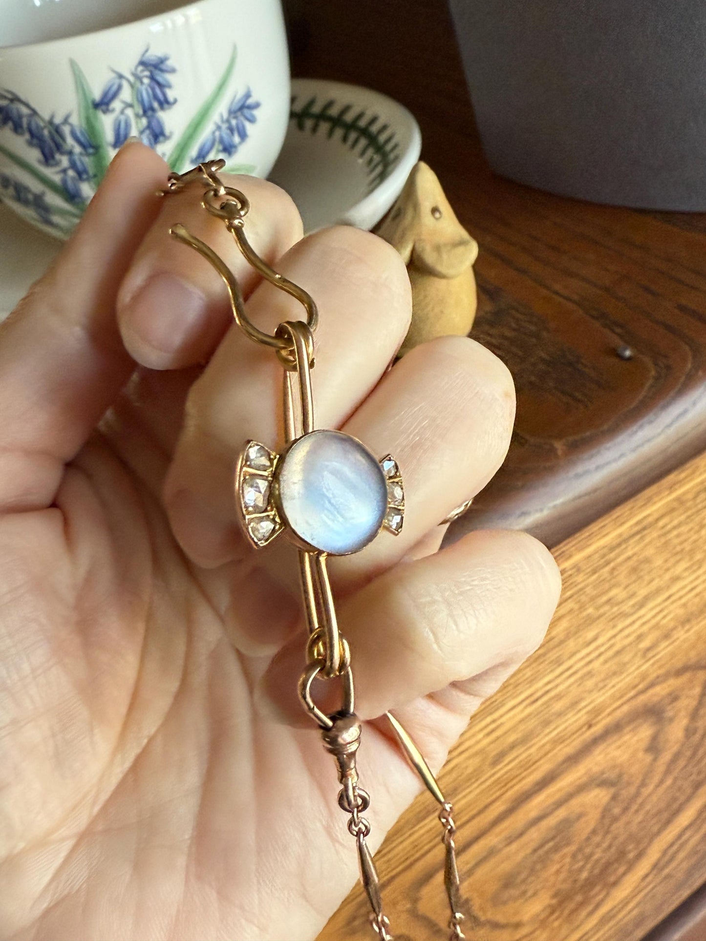 Blue MOONSTONE Victorian Antique Rose Cut DIAMOND Candy Brooch 14k Gold Extender Connector Pendant Safety Pin Charm Holder Glowing Orb