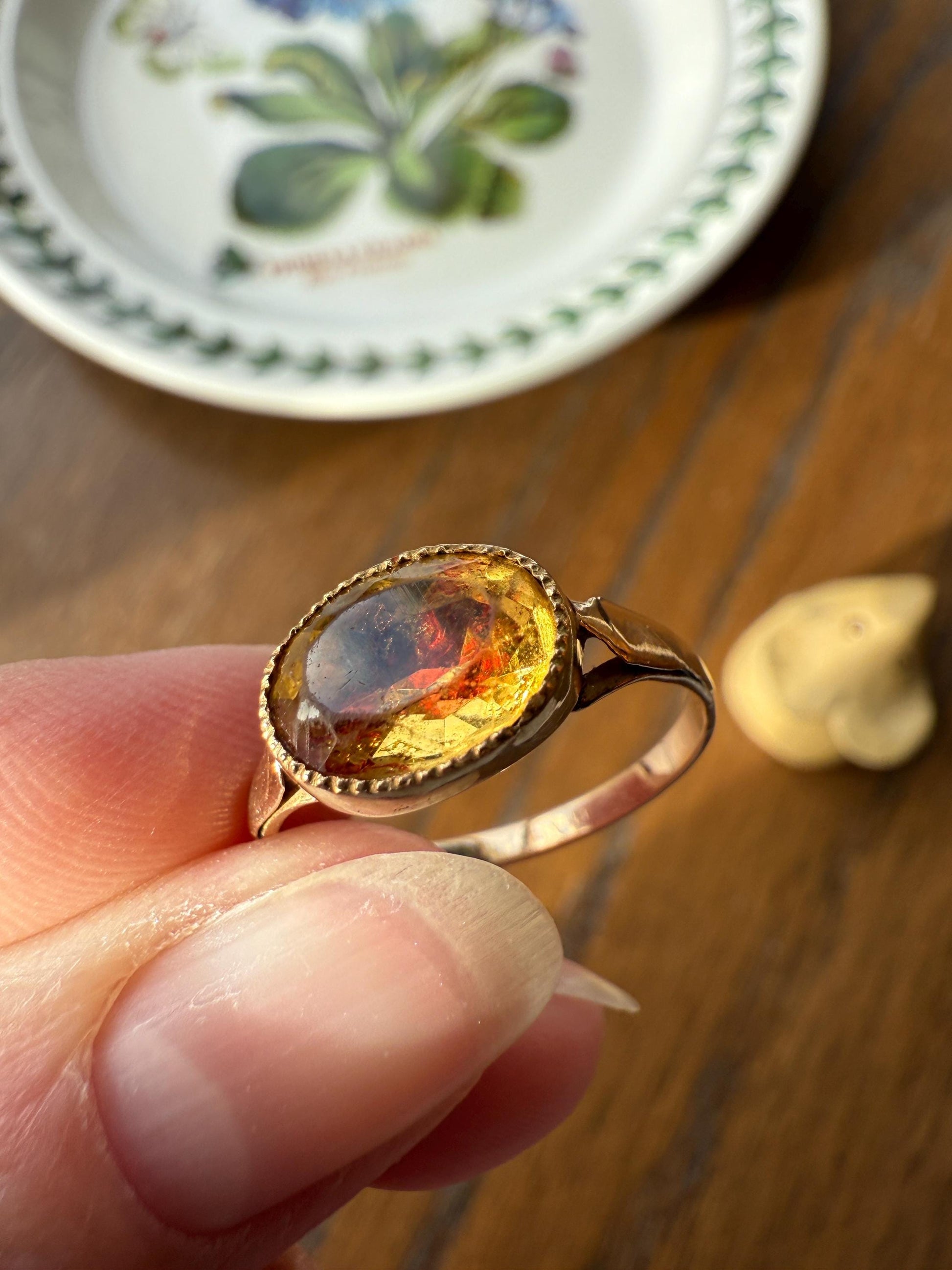 Original French Victorian Era Citrine East West Solitaire Ring 18k Gold Yellow "Vinegar & Oil" Red Foil Domed Back Unique Color Bezel Set