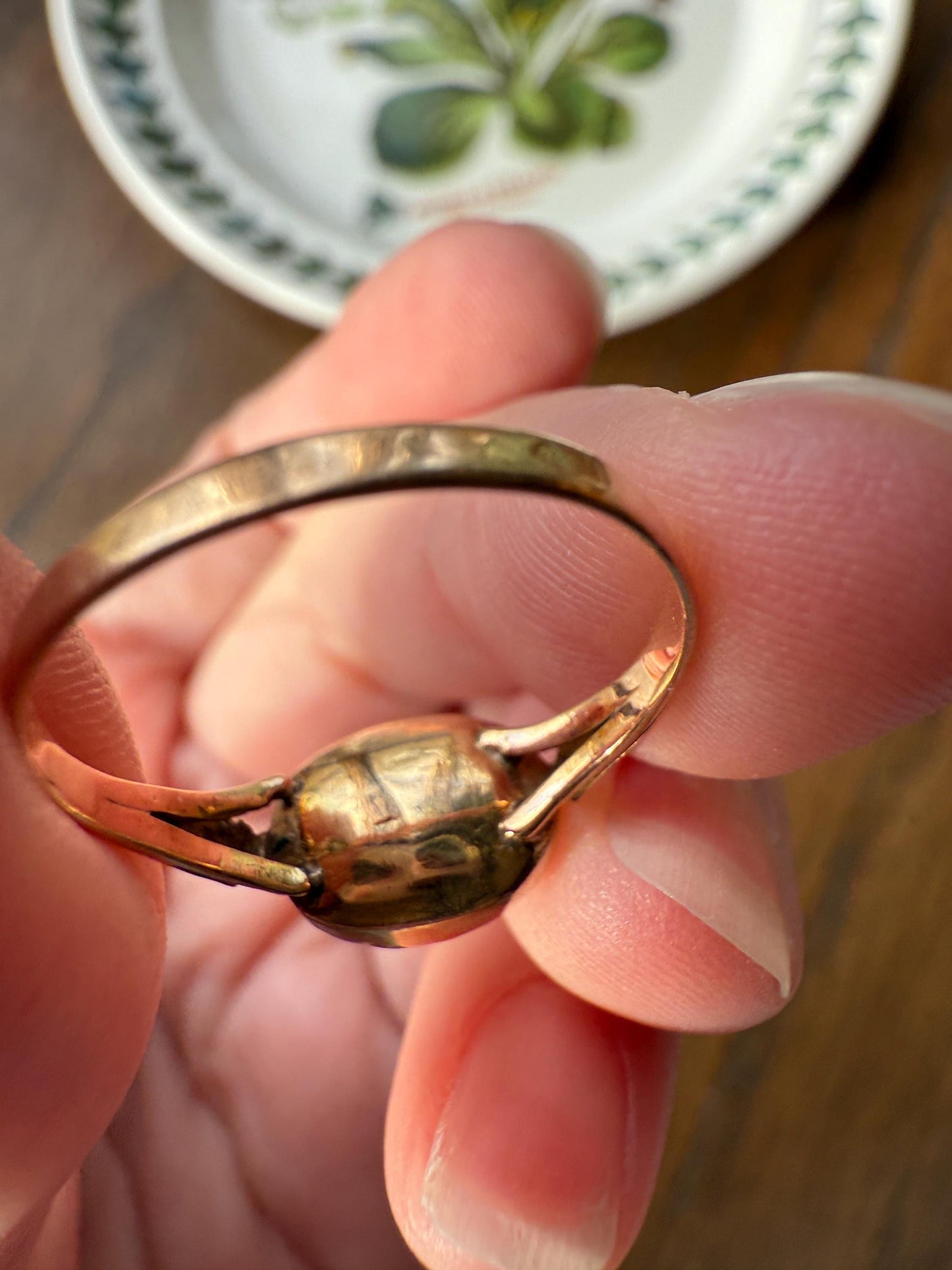 Original French Victorian Era Citrine East West Solitaire Ring 18k Gold Yellow "Vinegar & Oil" Red Foil Domed Back Unique Color Bezel Set