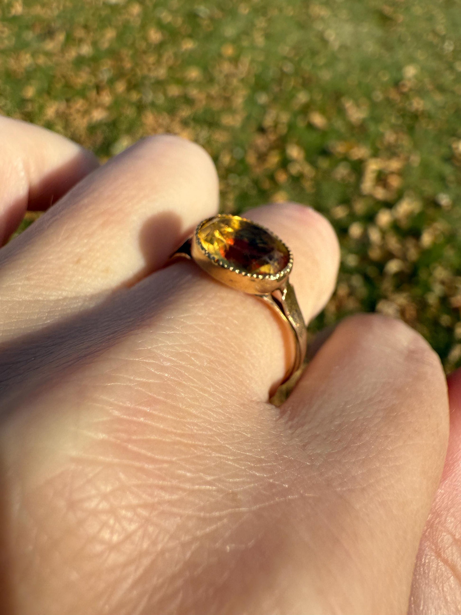 Original French Victorian Era Citrine East West Solitaire Ring 18k Gold Yellow "Vinegar & Oil" Red Foil Domed Back Unique Color Bezel Set