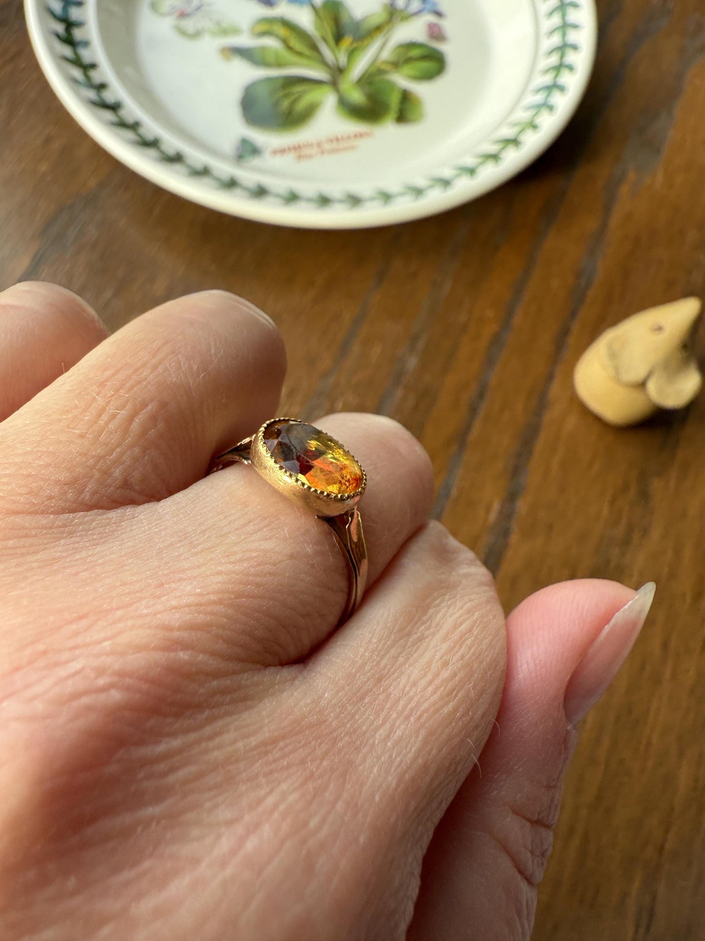 Original French Victorian Era Citrine East West Solitaire Ring 18k Gold Yellow "Vinegar & Oil" Red Foil Domed Back Unique Color Bezel Set