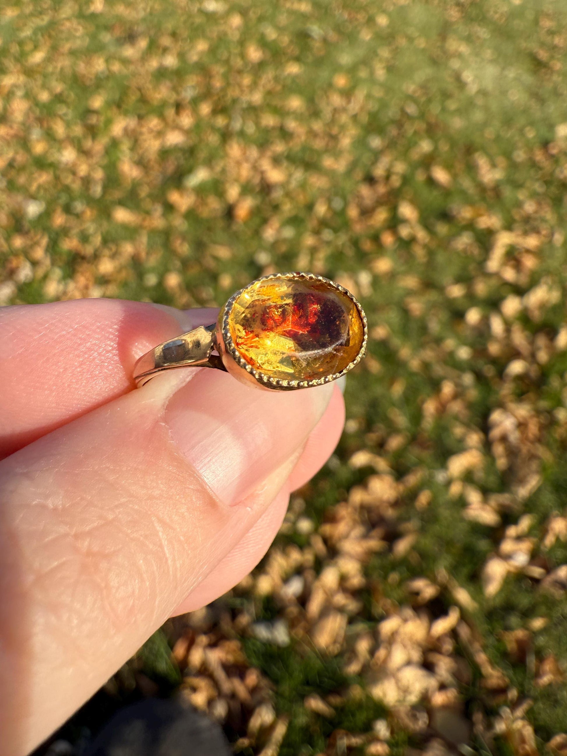 Original French Victorian Era Citrine East West Solitaire Ring 18k Gold Yellow "Vinegar & Oil" Red Foil Domed Back Unique Color Bezel Set