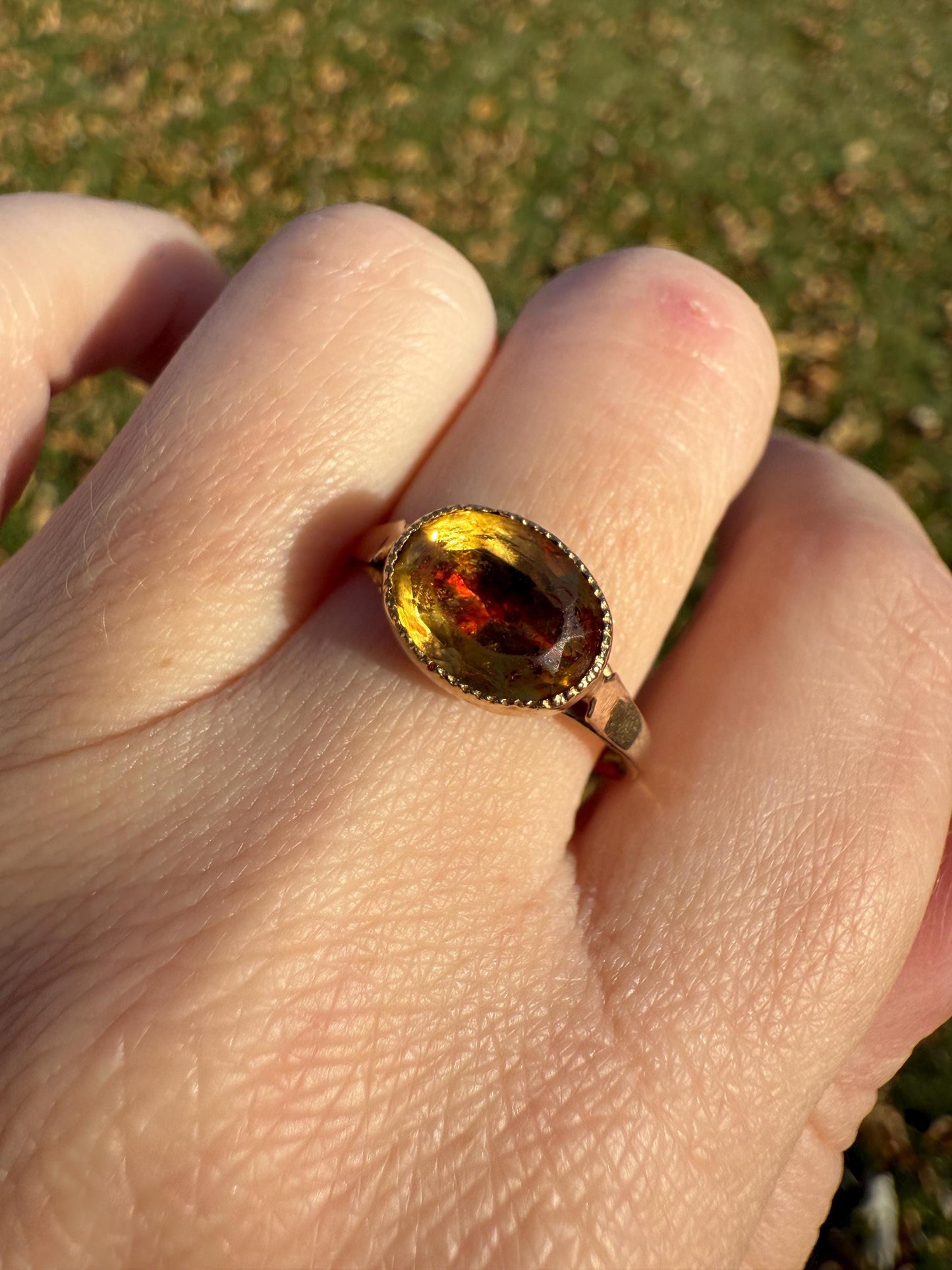 Original French Victorian Era Citrine East West Solitaire Ring 18k Gold Yellow "Vinegar & Oil" Red Foil Domed Back Unique Color Bezel Set