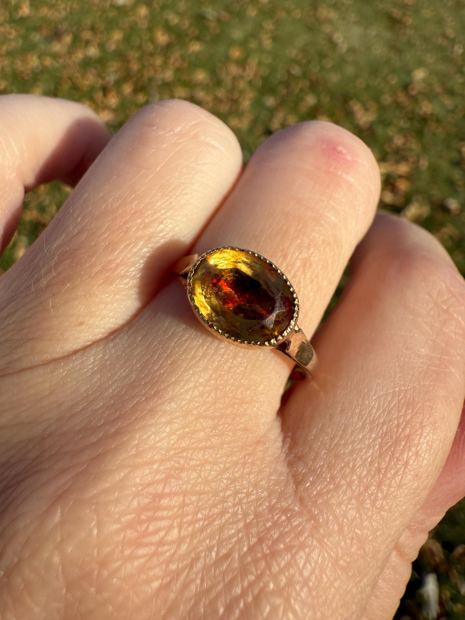 Original French Victorian Era Citrine East West Solitaire Ring 18k Gold Yellow "Vinegar & Oil" Red Foil Domed Back Unique Color Bezel Set