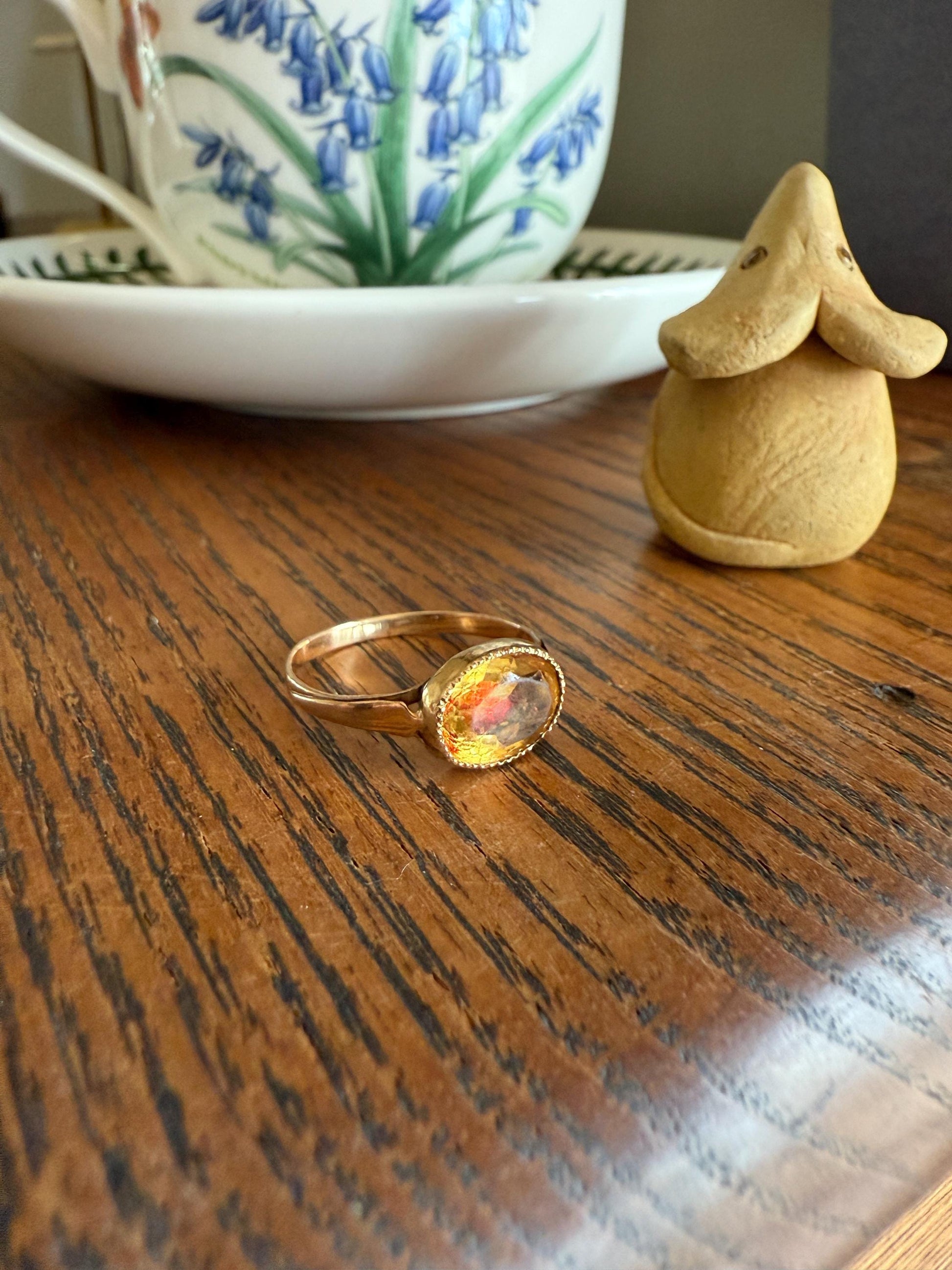 Original French Victorian Era Citrine East West Solitaire Ring 18k Gold Yellow "Vinegar & Oil" Red Foil Domed Back Unique Color Bezel Set