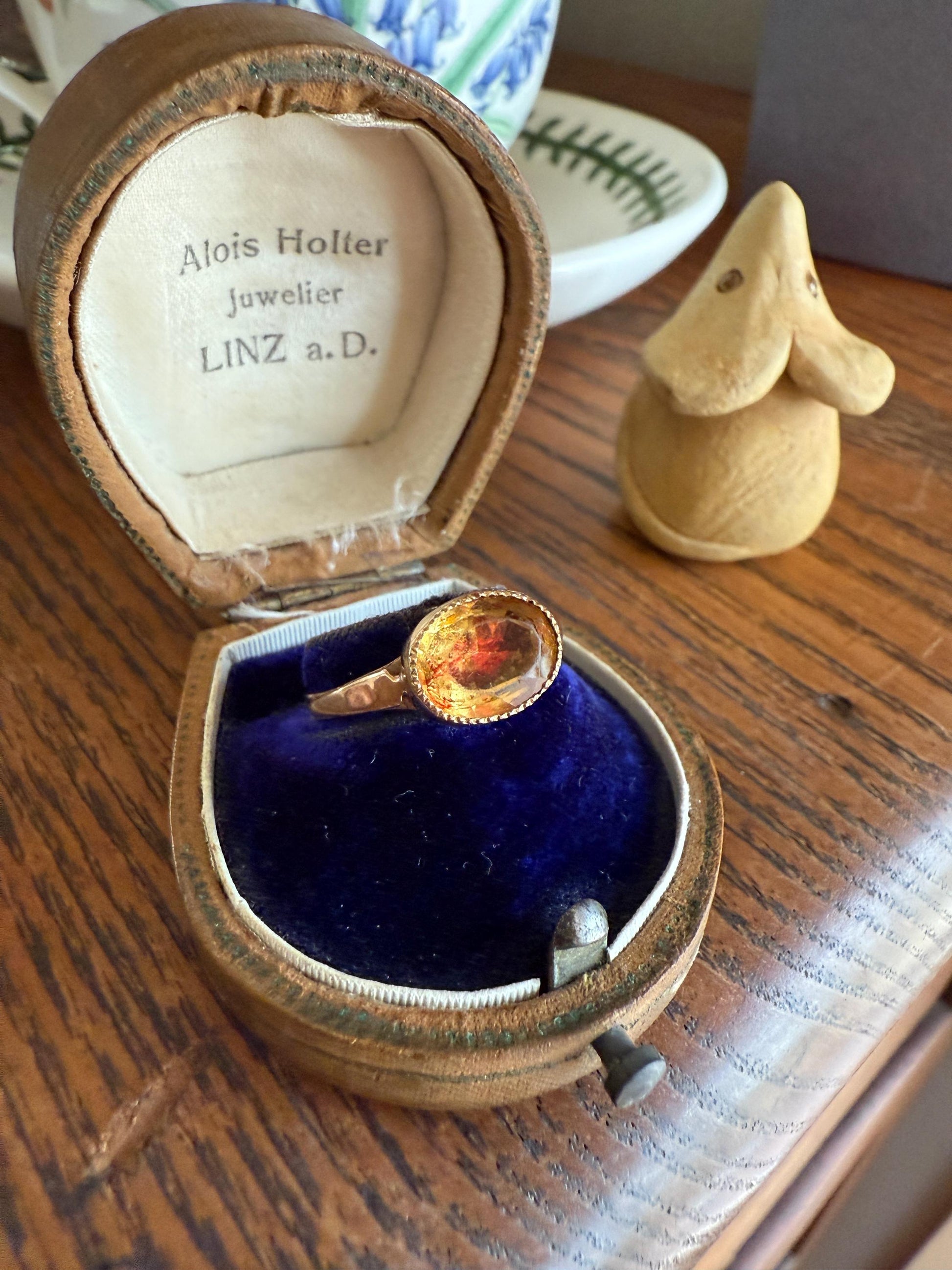 Original French Victorian Era Citrine East West Solitaire Ring 18k Gold Yellow "Vinegar & Oil" Red Foil Domed Back Unique Color Bezel Set